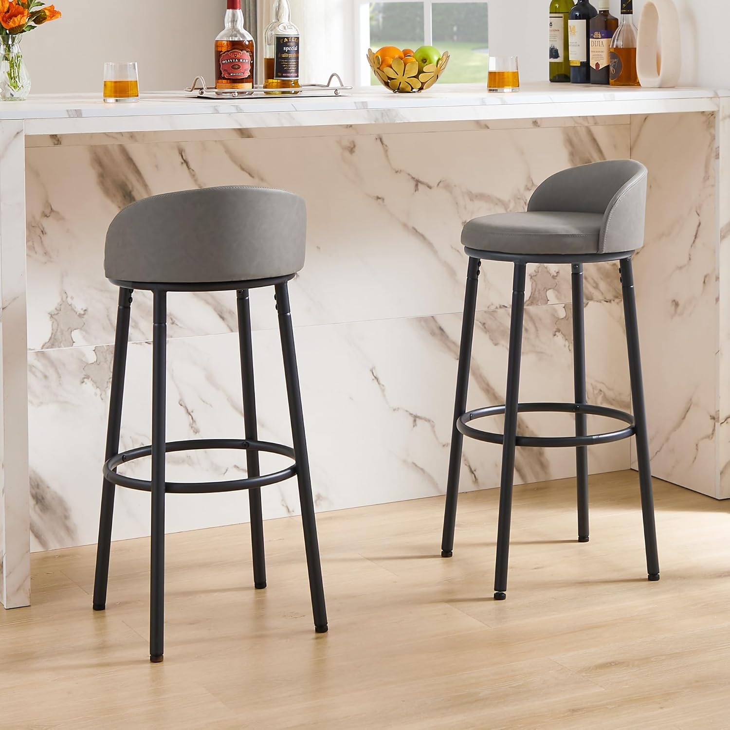 DYH Bar Stool Set of 2, PU Leather Barstools with Back and