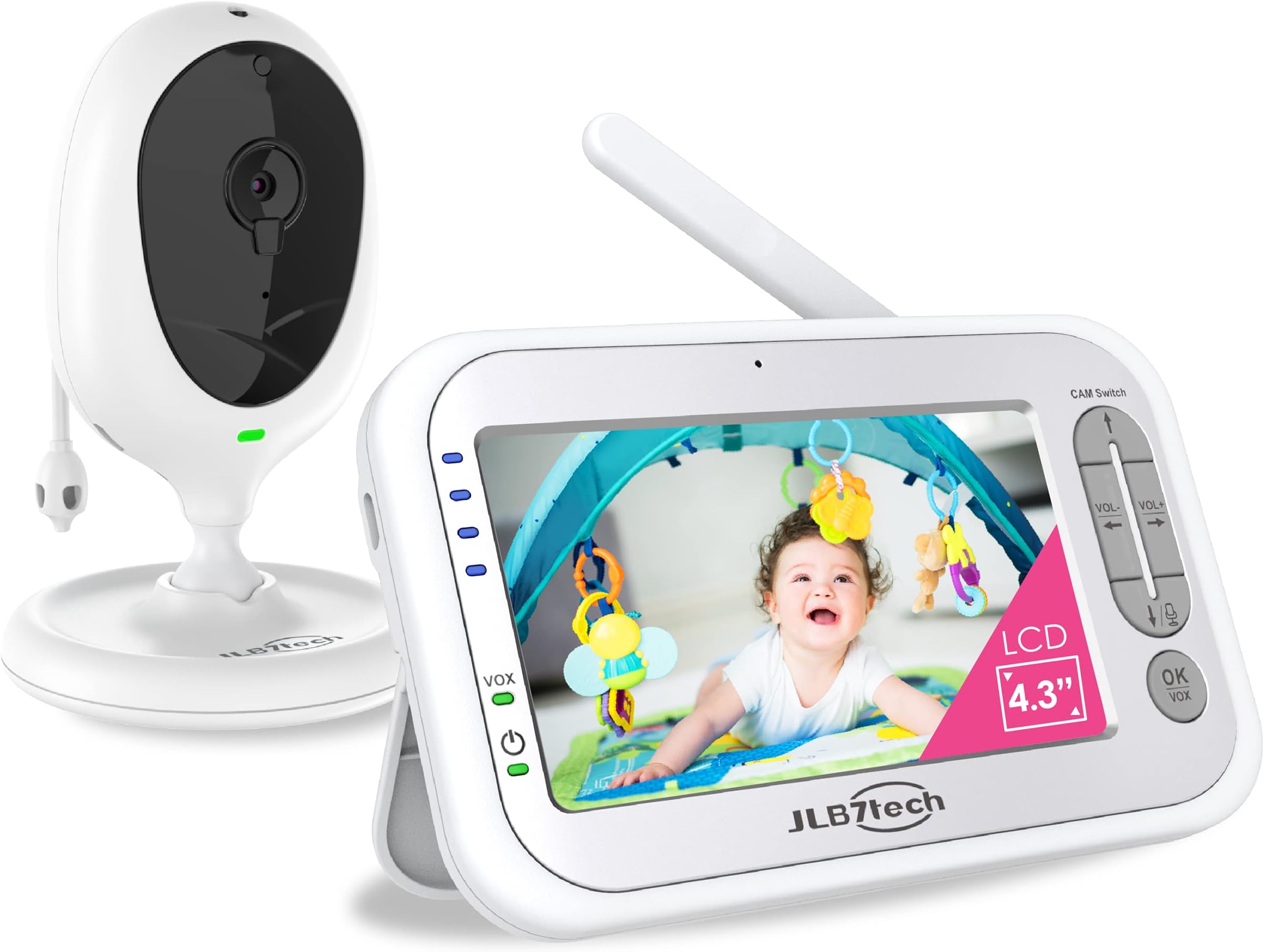 Baby Monitor,4.3" Split-Screen Baby Monitor with 2 Cameras and Audio, Auto Night Vision and Zoom,960ft Range,Two-Way Audio,Lullabies,Temperature Detection,3000mAh Battery