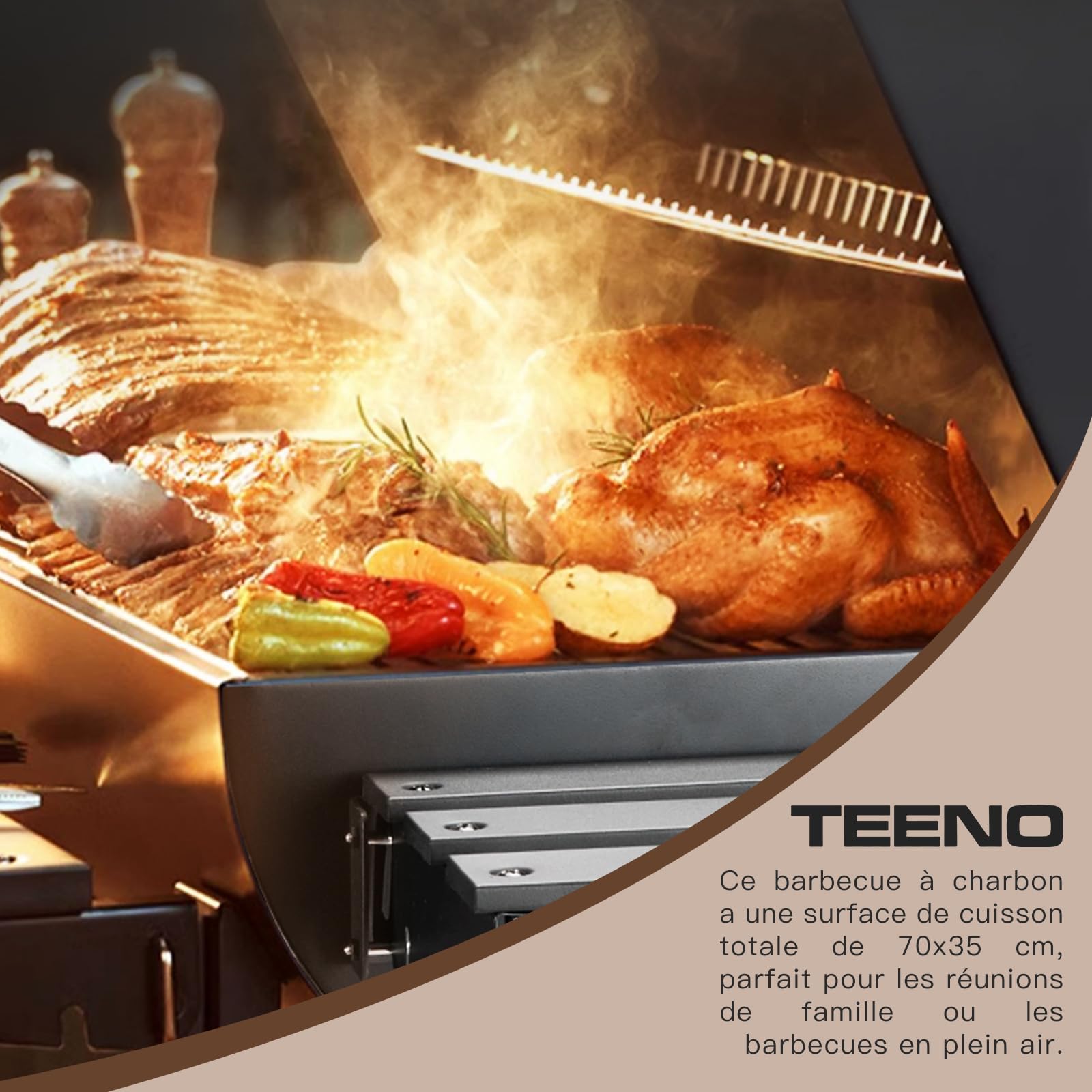 TEENO Grill XXL de carbón de madera, carrito de barbacoa con parrilla de pollo, barbacoa de carbón con tapa para jardín, terraza y camping