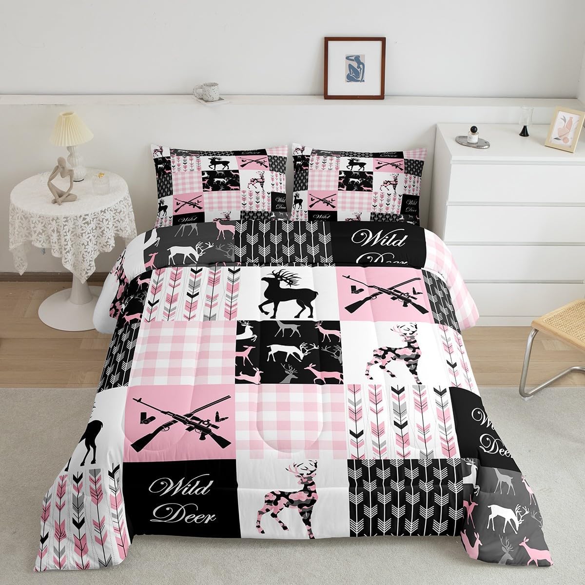 jejeloiu Camo Antler Comforter Set Full Size Kids Deer Hunting Pink Plaid Buffalo Comforter for Boys Teens Farmhouse Cabin Camouflage Boho Arrow Bedding Set Wild Animal Duvet Set Quilt Set