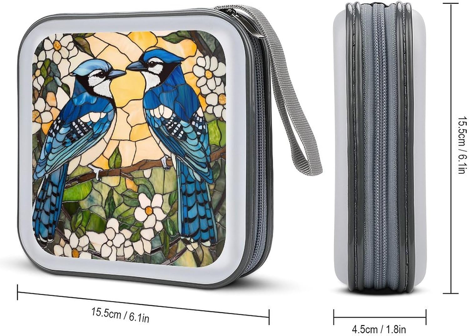 Stained Glass of Blue Jays Birds Protective CD Case Storage Rack 40 Capacity DVD Holder Organizer Car Travel