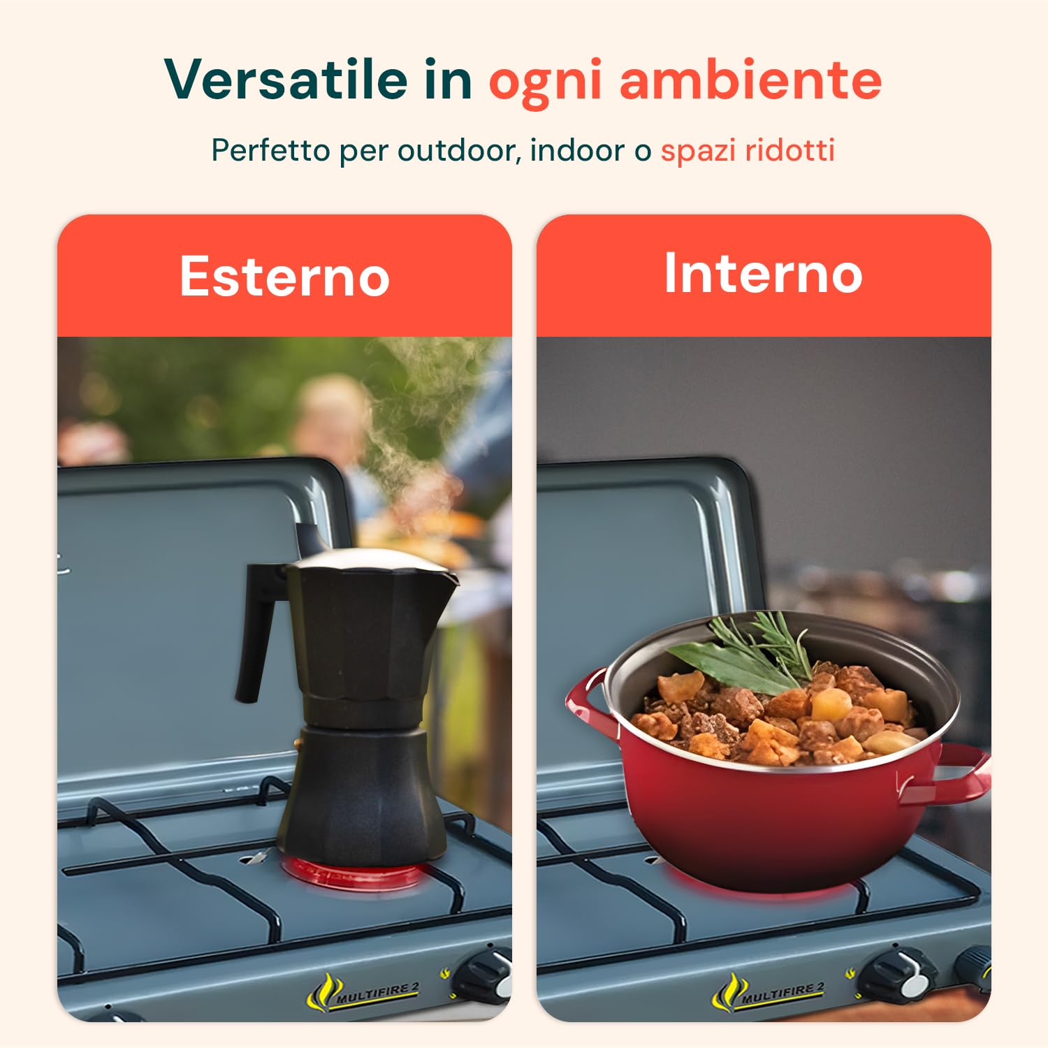 Fornello a Gas 2 Fuochi Grigio in Acciaio Inox da Esterno e Campeggio