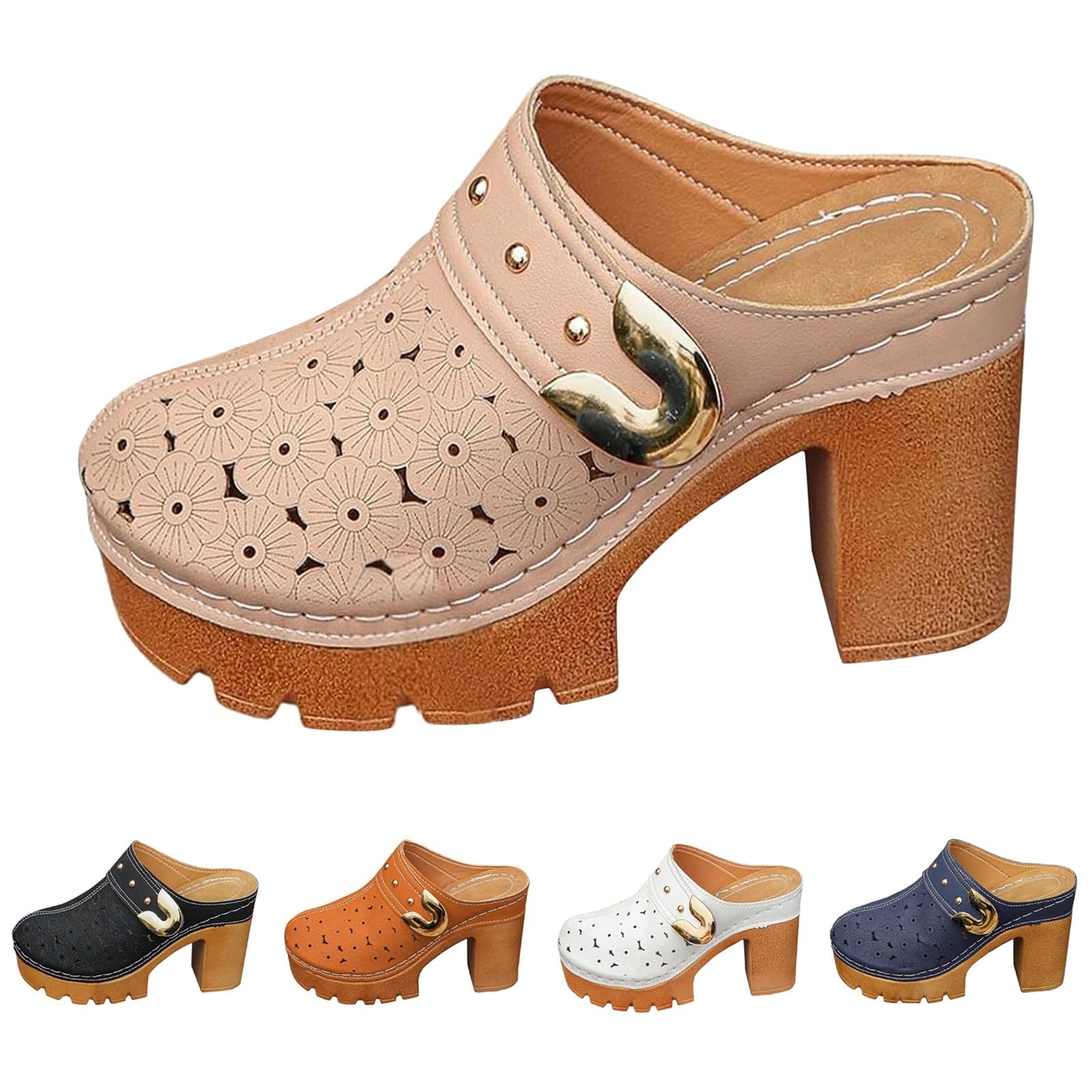 Sabots en bois et cuir pour femme avec talon - Sandales compensées antidérapantes - Chaussures orthopédiques fermées - Sabots de jardin - Respirants - Chaussures d'été pour les loisirs