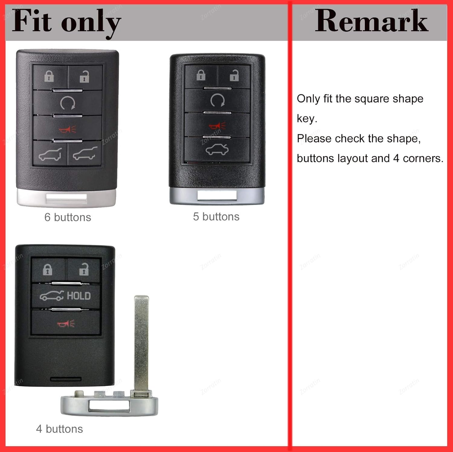 Compatibility guide for key fob covers showing 6-button, 5-button, and 4-button key fob shapes