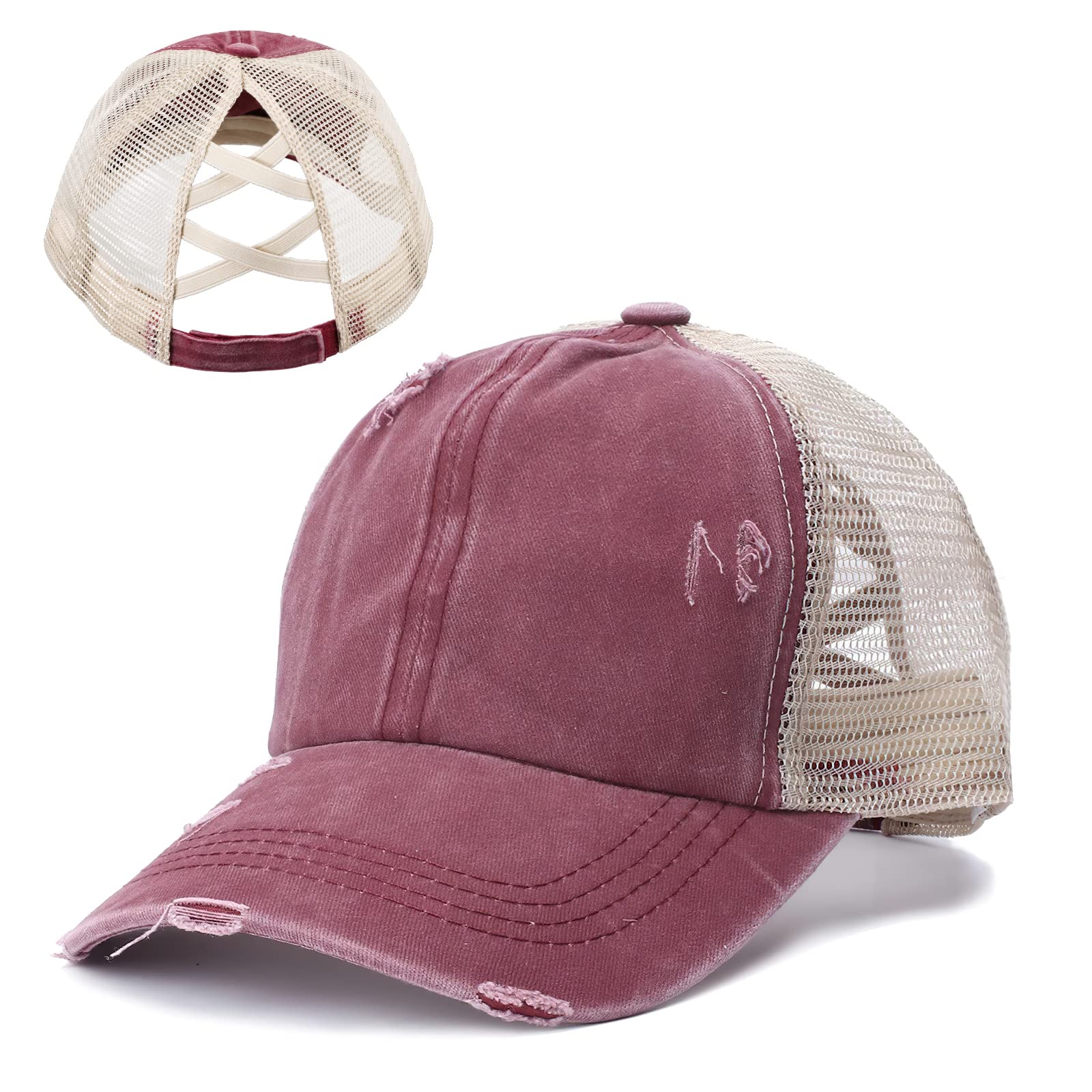 TAGVO Gorra de Béisbol Mujeres Ajustable Malla Sombrero Verano de Sol Deportes Casual Sombrero de Cola de Caballo Vintage Washed Algodón Hat Unisex