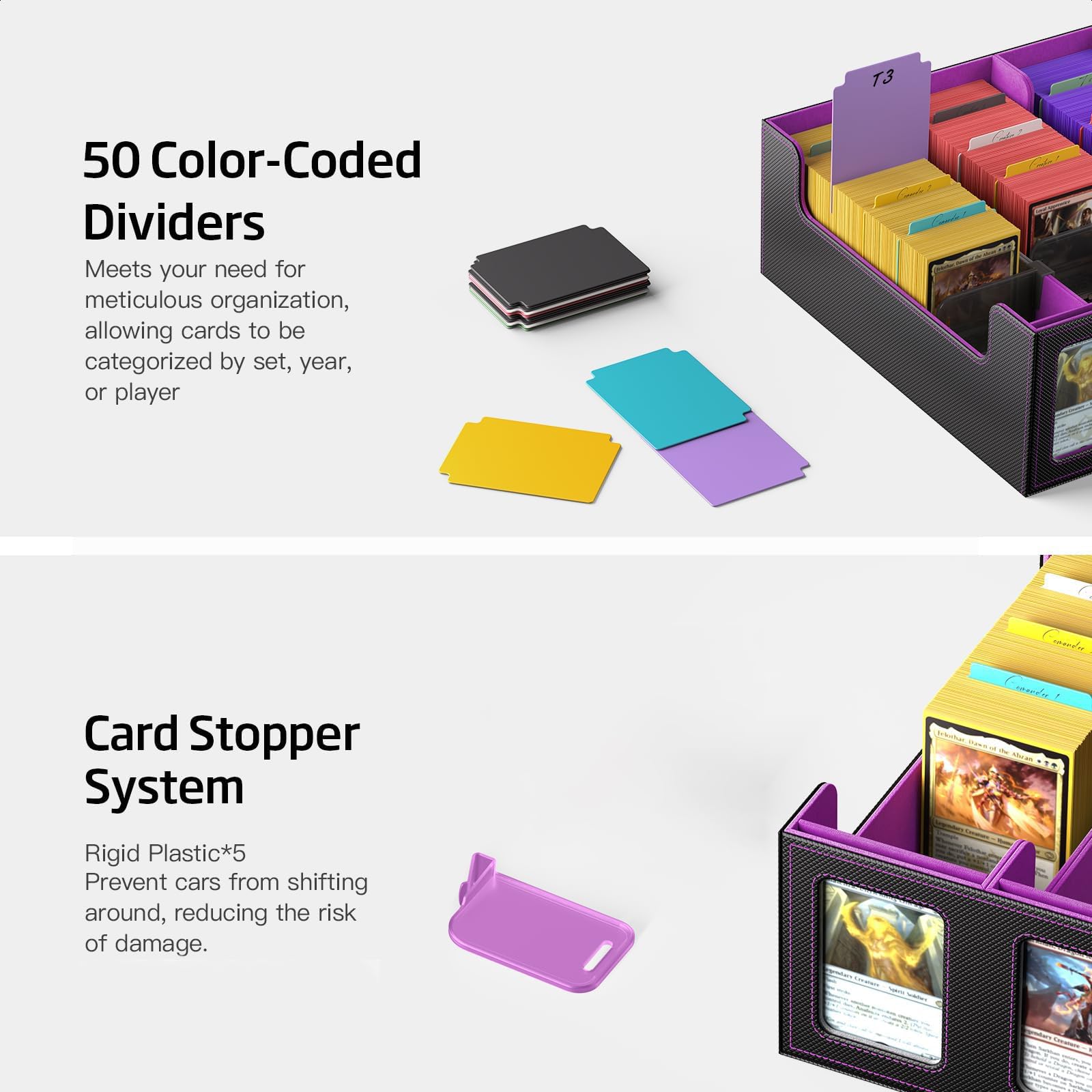 Boîte rangement cartes MTG avec vitrine Commander, 3900+ cartes, deck box 5 compartiments avec couvercle amovible, organiseur TCG PTCG cartes sport, compatible Toploader, 50 séparateurs (Violet)