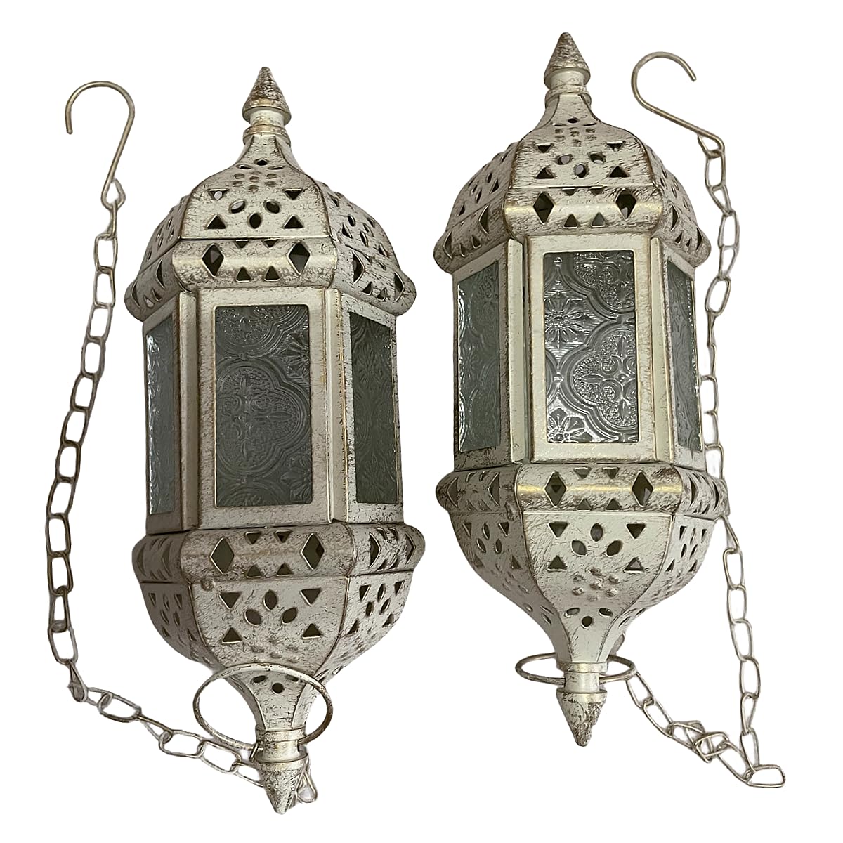 2PCS Moroccan Hanging Decorative Candle Lantern Holder Metal Tealight Candlestick Holder Glass Indoor Outdoor Candle Holder Courtyard Hanging Decoration (Vintage White)