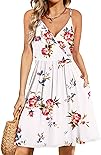 WEACZZY Summer Dresses for Women 2024 Sexy V Neck Floral Sun Dress Casual Beach Cover Up Mini Vacation Dresses Pockets, Floral White, XL