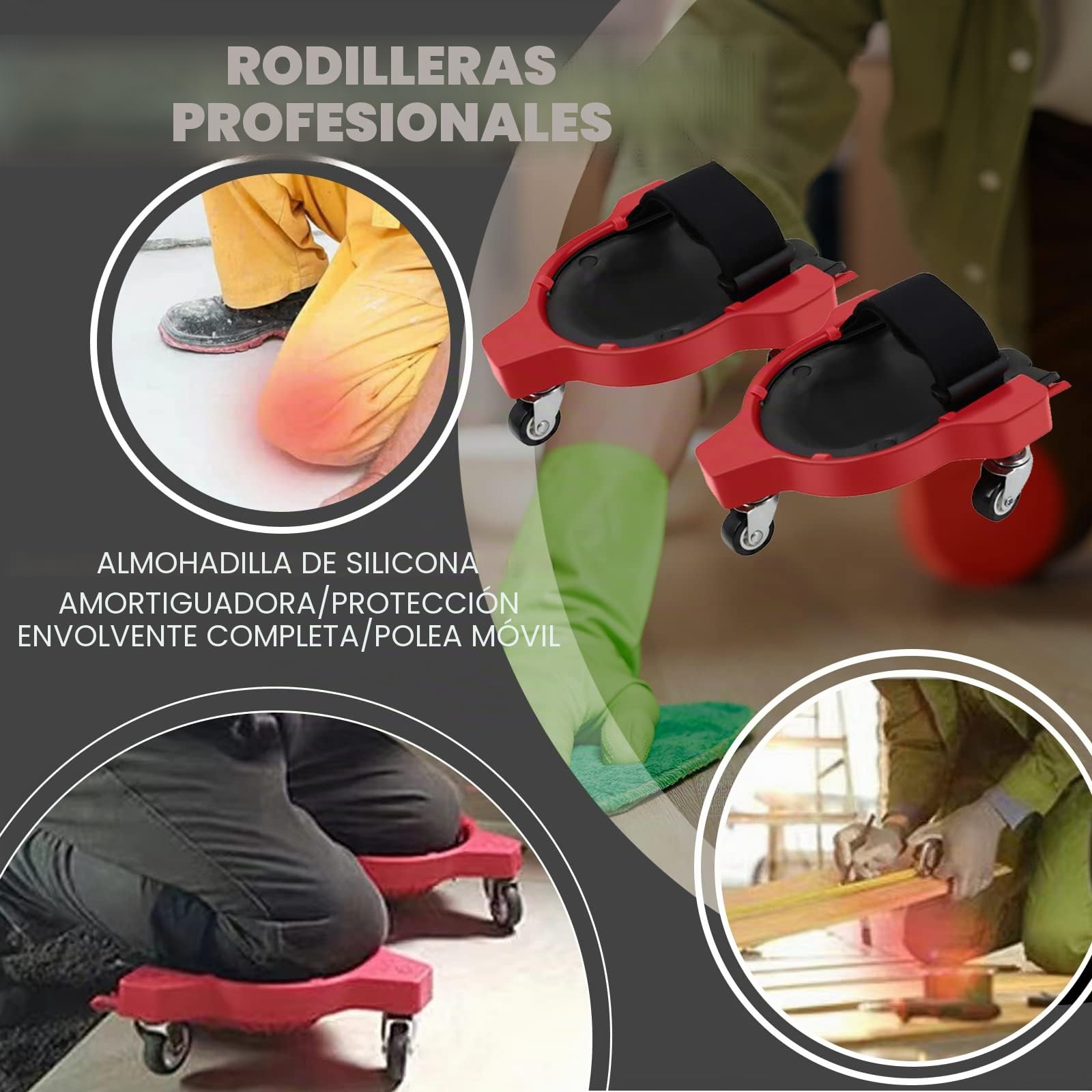 Rodilleras rodantes, 2 unidades, rodilleras que ahorran mano de obra con rueda y correa ajustable para colocar azulejos de suelo, ahorrar trabajo (rojo)