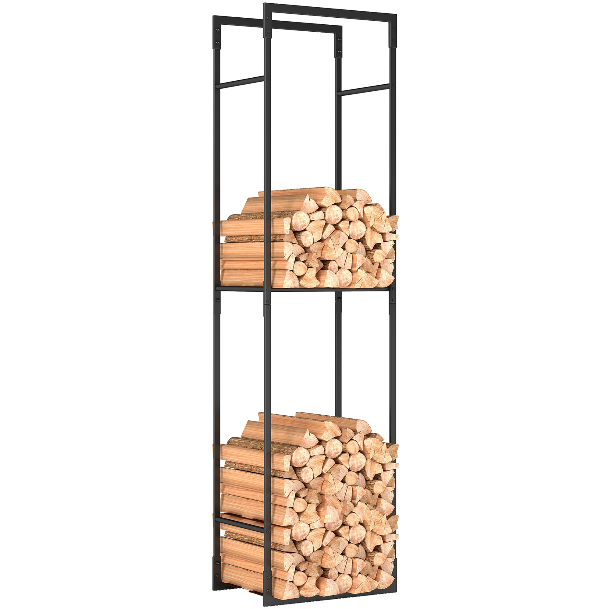 Outsunny Unisex Black Metal Firewood Log Holder, Firewood Rack With Adjustable Shelf In