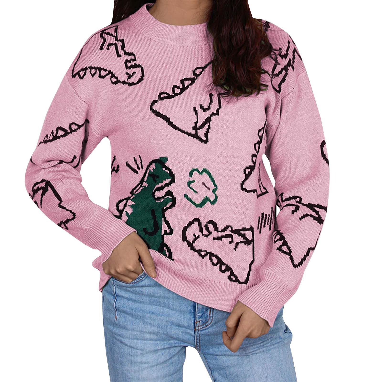 Damen-Strickpullover mit Dinosaurier-Aufdruck, übergroßer Pullover, Preppy-E-Girl-Streetwear Strickpullover Rollkragen Strickpullover Oversized Damen