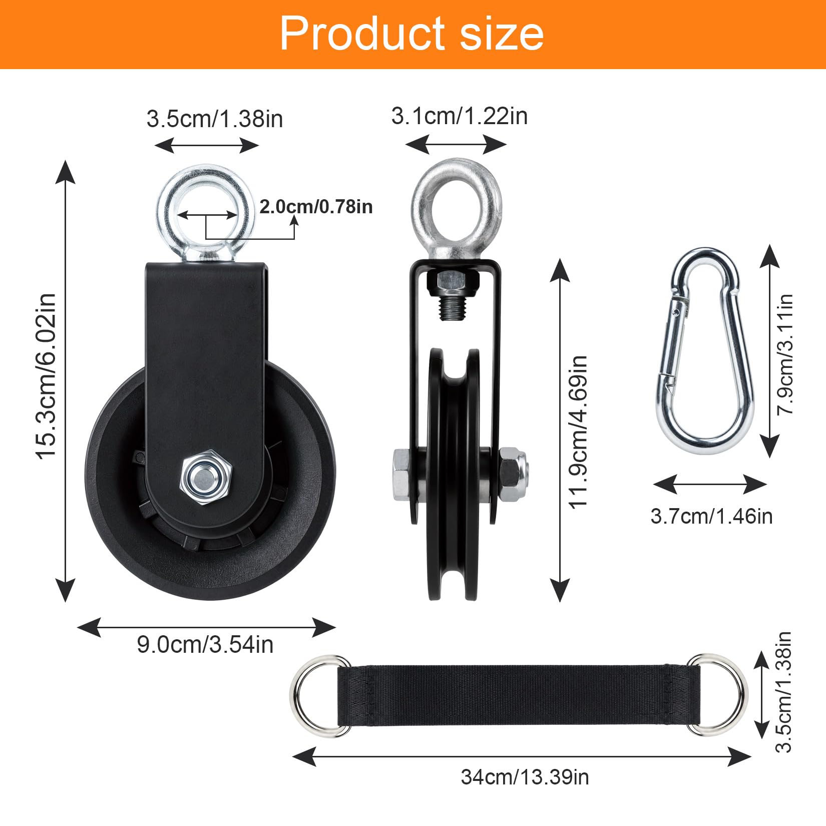 90mm Umlenkrolle Seilrolle mit Hängegurt Karabiner, 360° Schwenkbar Kabel Pulley für Schaukelzubehör Wäscheleine Latzugstange Seilzug Fitness DIY Heim-Fitnessgeräte | Hochwertige Materialien,360°-Drehmechanismus,Geräuscharmer Betrieb