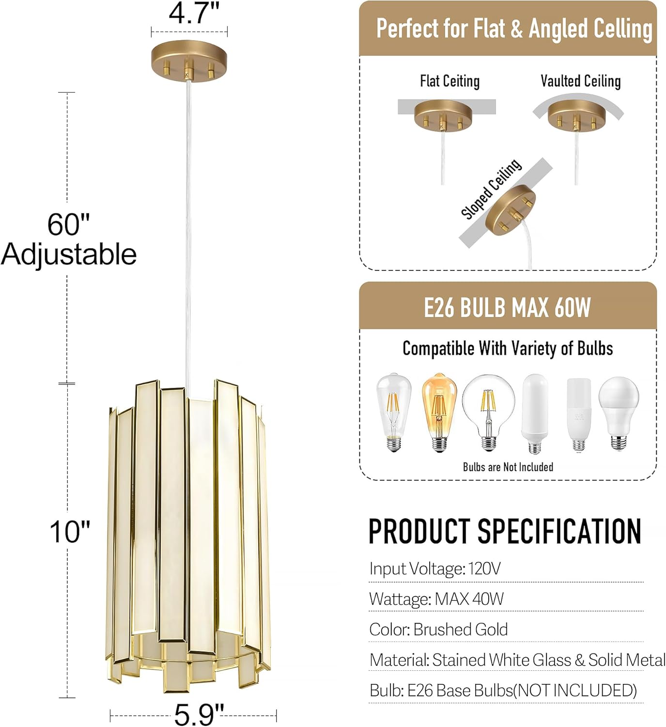 Homebelife 6" Tiffany Cylindrical Gold Pendant Light, White Stained Glass Cylinder Hanging Lighting Fixture for Kitchen Island, Dining Room & Bedroom (White Glass & Gold Edge)