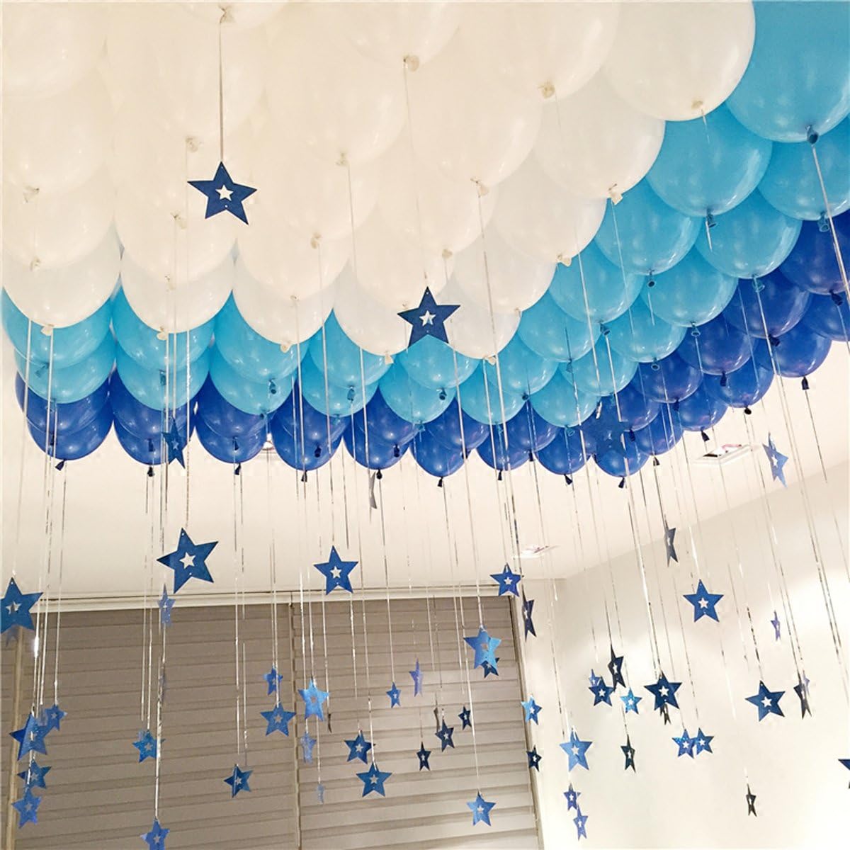 KUMEED 12" White Balloons and Dark Light Blue Foil Star Hanging String romantic Decorations Wedding Valentine's Party Supplies Pack of 100