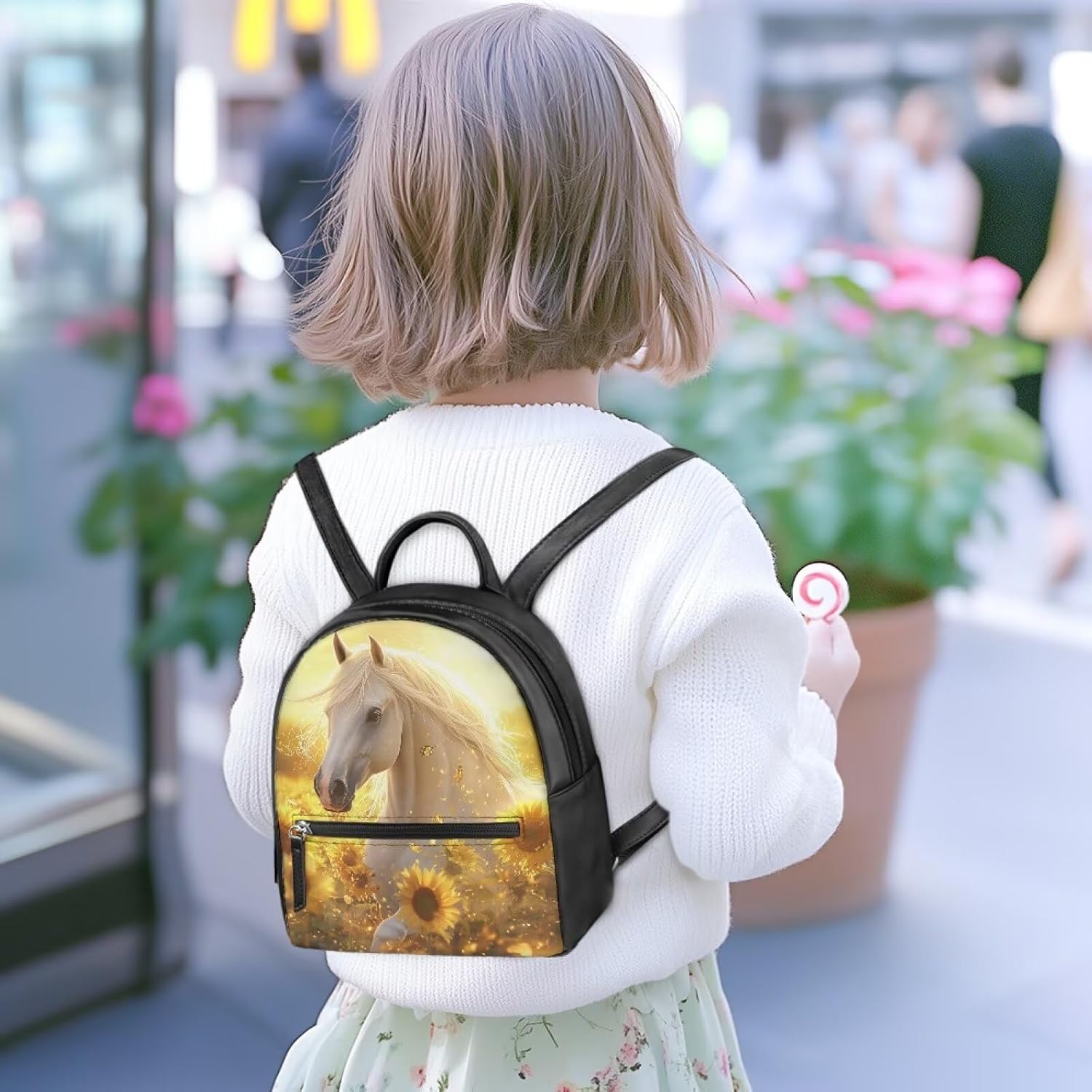 FOR U DESIGNS Compact Sunflower Horse Mini Backpack 9.2x7.2x3.9 Inch Anti-Theft PU Leather Shoulder Bag Lightweight Multiple Pockets for Hiking Gym Work Small