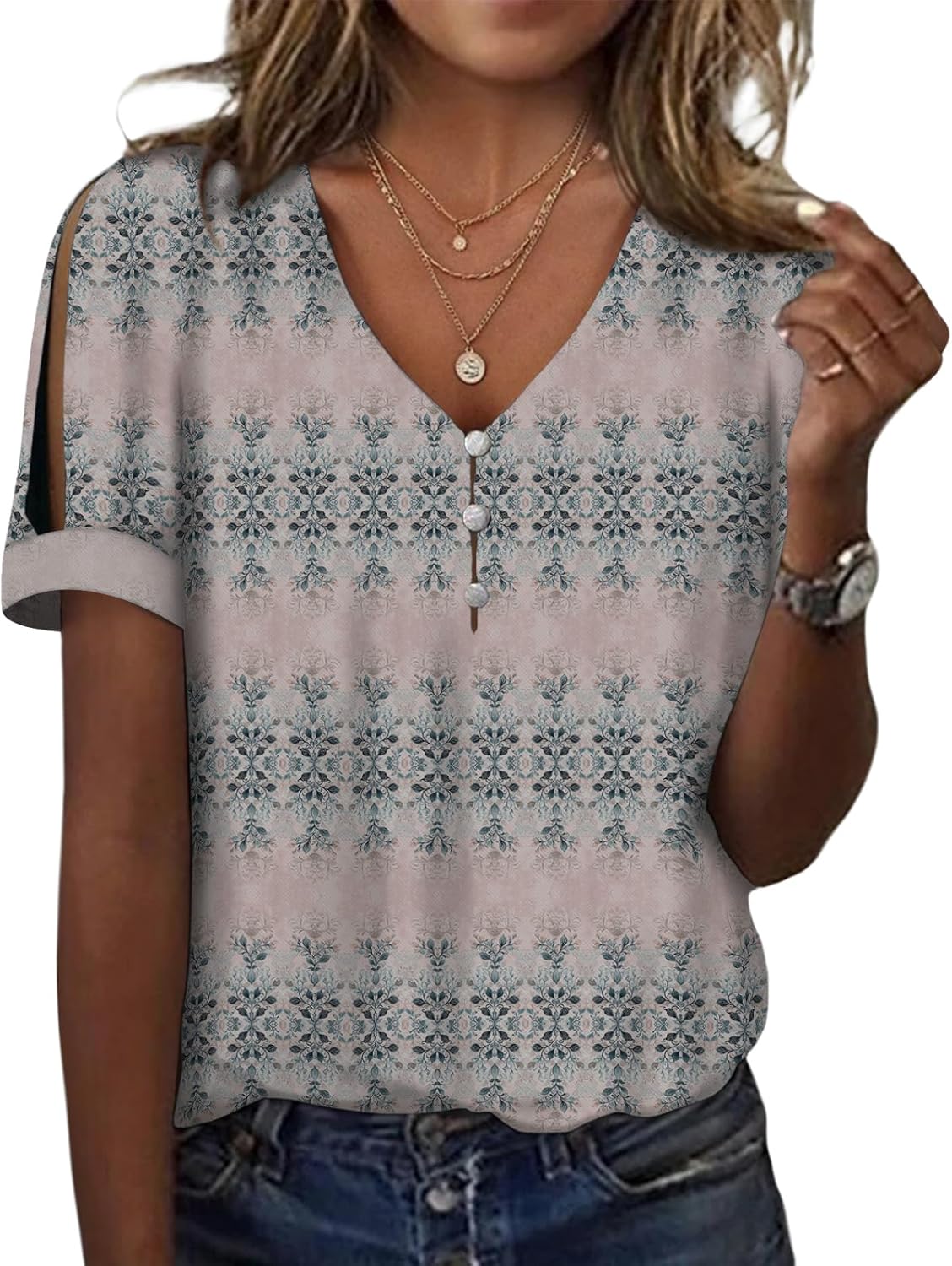 Cold Shoulder Boho Tops for Women Summer Short Sleeve Floral Print Graphic V Neck Button Tunic Shirts