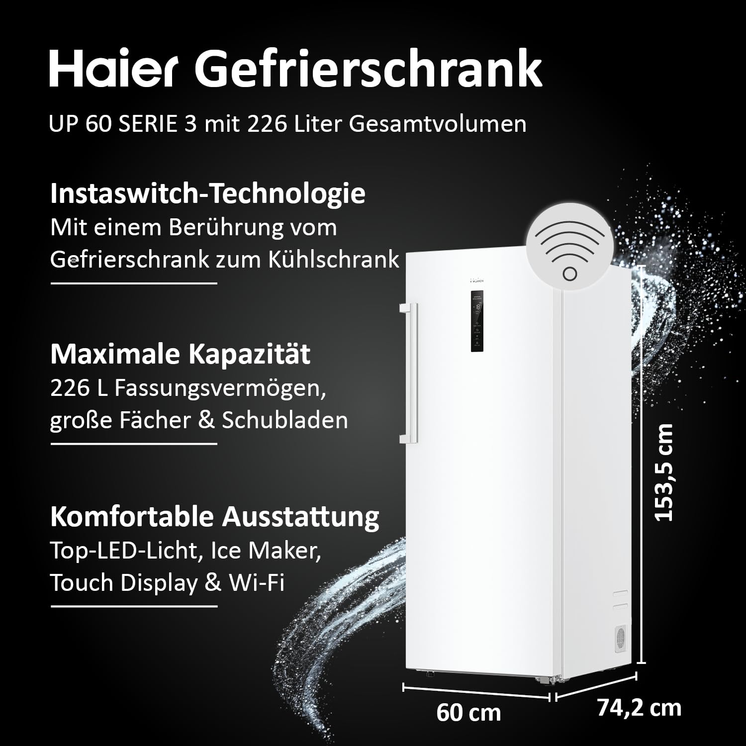 Haier Gefrierschrank Serie 3 H4F226WDH1 | Total No Frost Tiefkühlschrank, 226 L Kapazität, Eisschrank auch als Kühlschrank nutzbar, Mit Wi-Fi