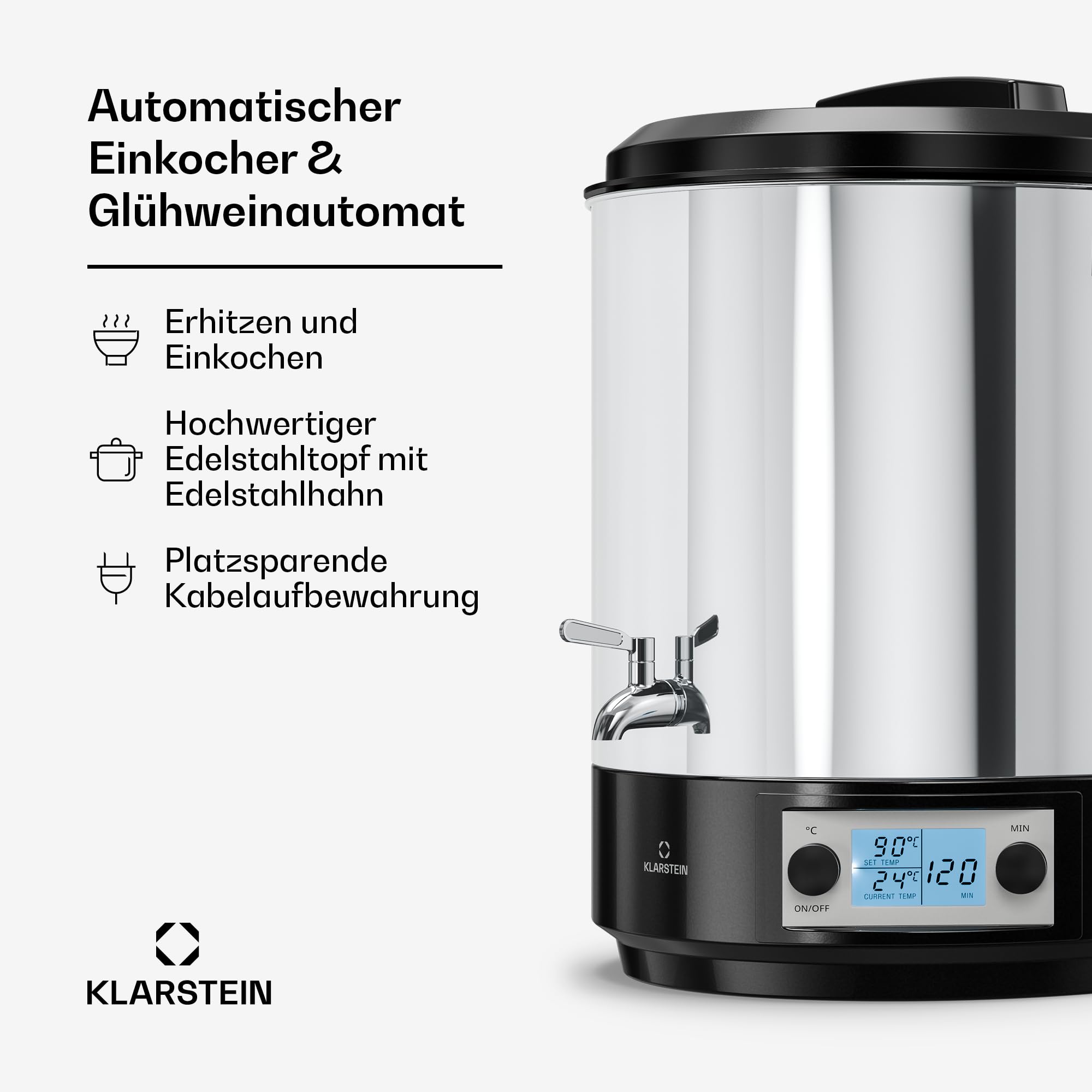 Klarstein Biggie Digitaler Einkochautomat, 25 L Edelstahl-Einkochtopf mit Edelstahlhahn & Timer, 2000 W, 30–100 °C, LCD-Display, Glühweinkocher, Einweckautomat, Heißgetränkespender