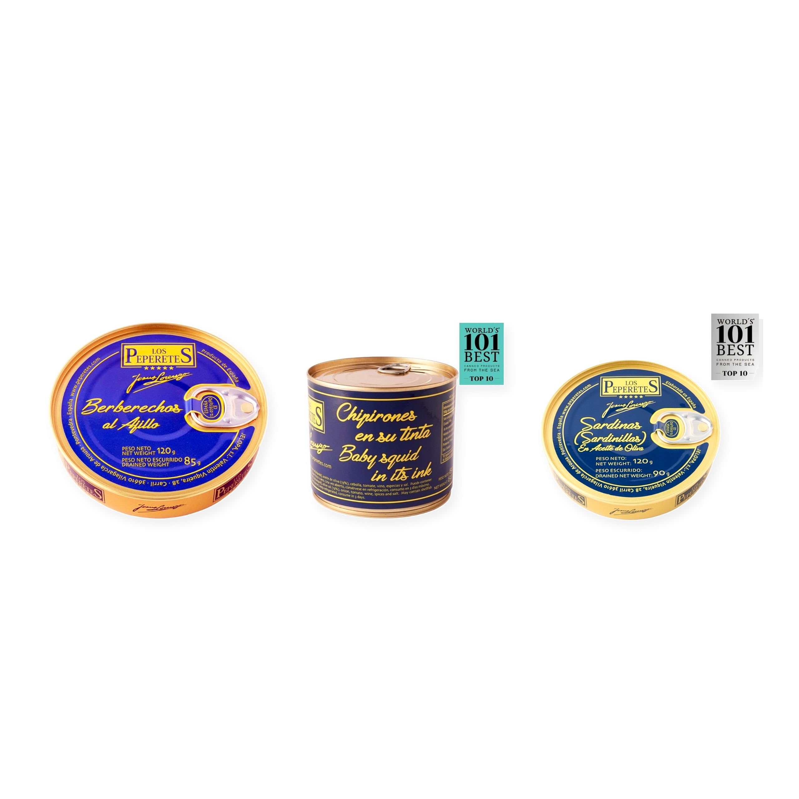 los peperetes conservas Berberechos Ajillo, Chipirones Tinta 460g y Sardinillas Aceite Oliva pack 3 latas