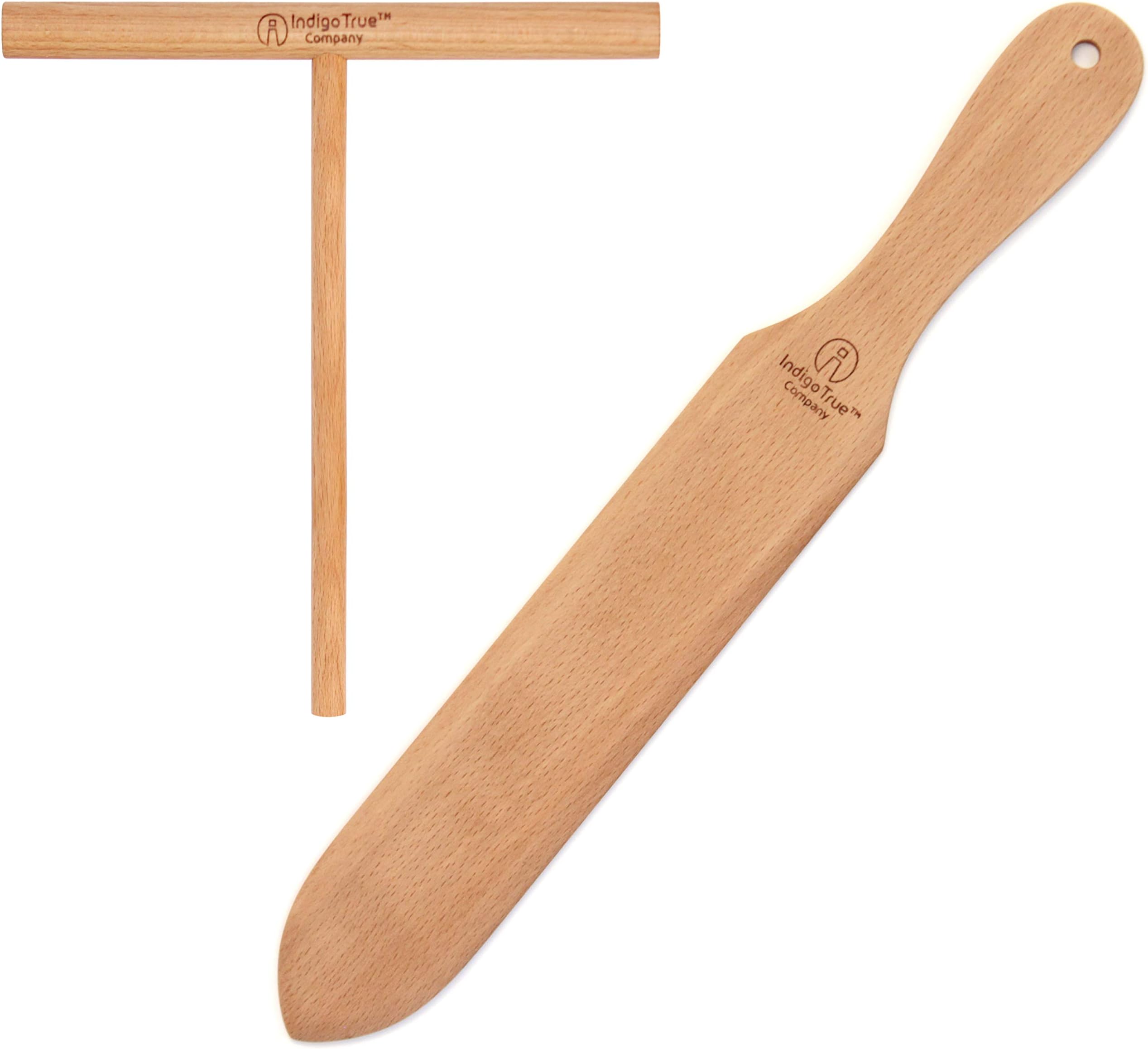 The ORIGINAL Crepe Spreader and Spatula Kit - 2 Piece Set (7” Spreader and 14” Spatula) Convenient Size to Fit Large Crepe Pan Maker | All Natural Beechwood Construction only From Indigo True Company