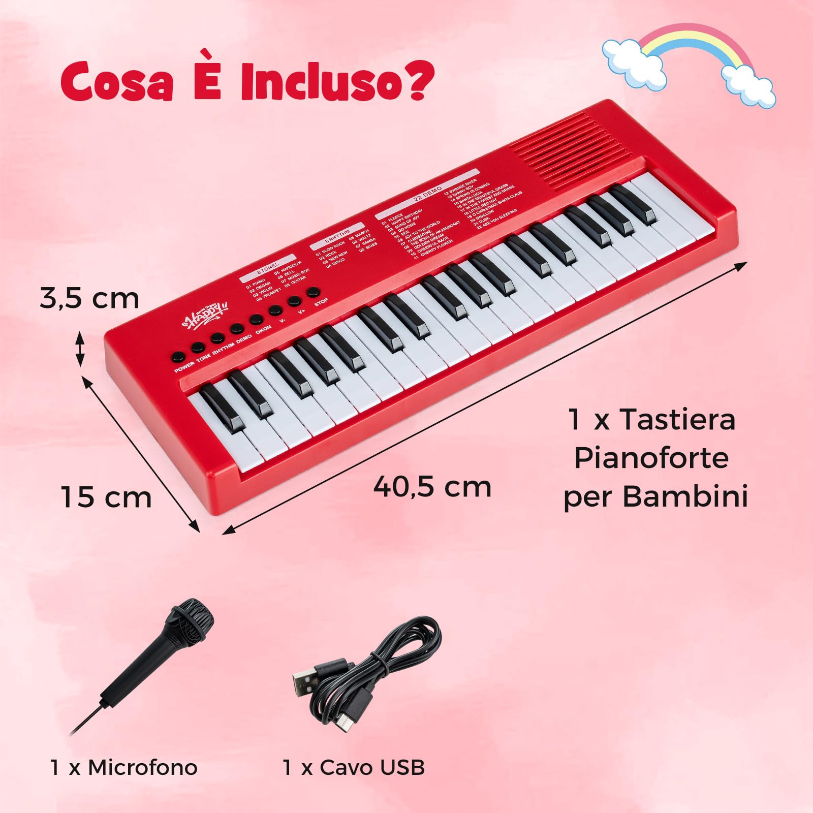 COSTWAY Pianoforte Digitale 37 Tasti per Bmabini 3+Anni (Rosso) | Pianola Portatile con 8 Ritmi, 8 Timbri e 22 Demo, Tastiera Musicale Educativo con Microfono e Cavo USB