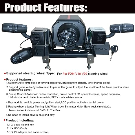 Multi-Function Stalks Turn Wiper Lever+ Turn Signal Headlight Dimmer Switch+Cruise Control Switches+ Ignition Switch Key For PXN V10/V99/V10 Pro Steering Wheel (For PXN V10/V99/V10 Pro)