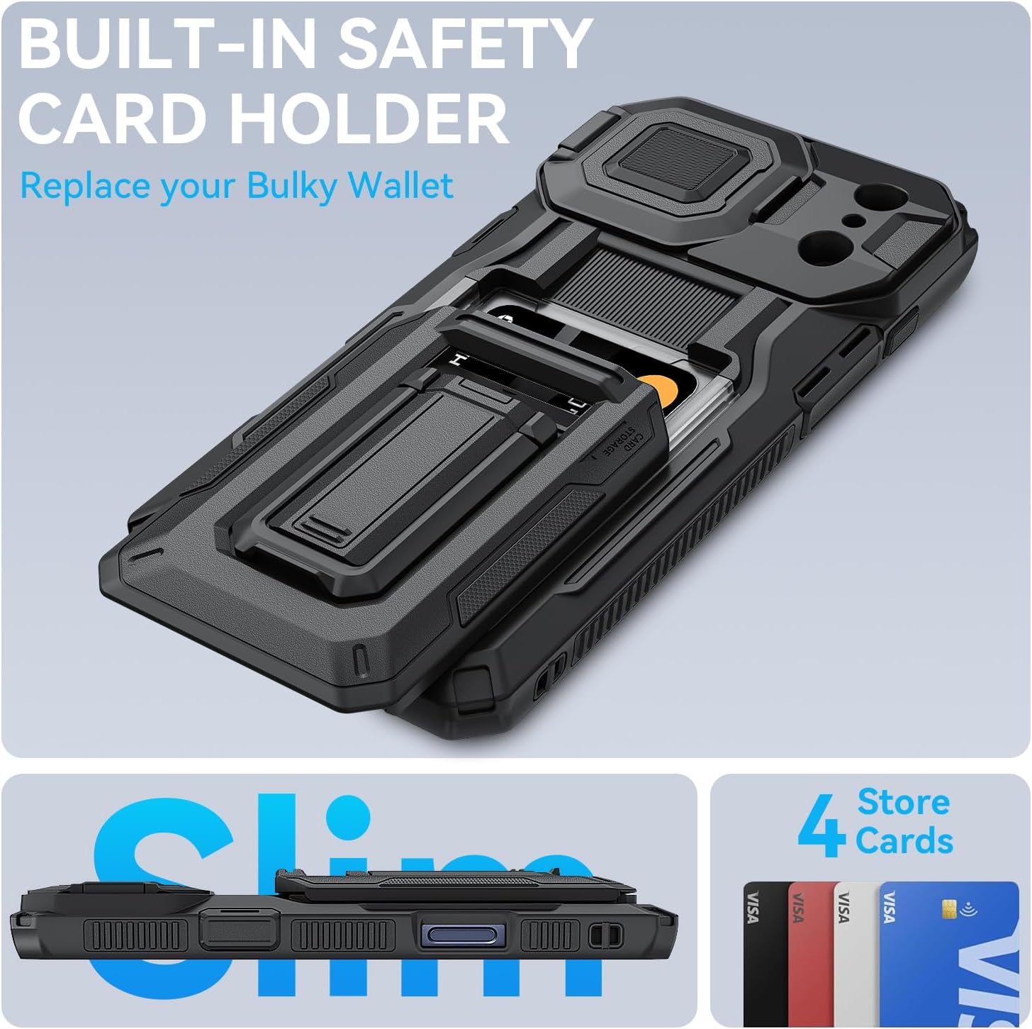 for iPhone 17 Pro Max Case with Semi-Automatic Card Slot (3-4 Cards) RFID Blocking & Kickstand & Camera Lens Cover & Wallet, Heavy Duty Rugged Phone Case (Black, for iPhone 17 Pro Max, 6.9")