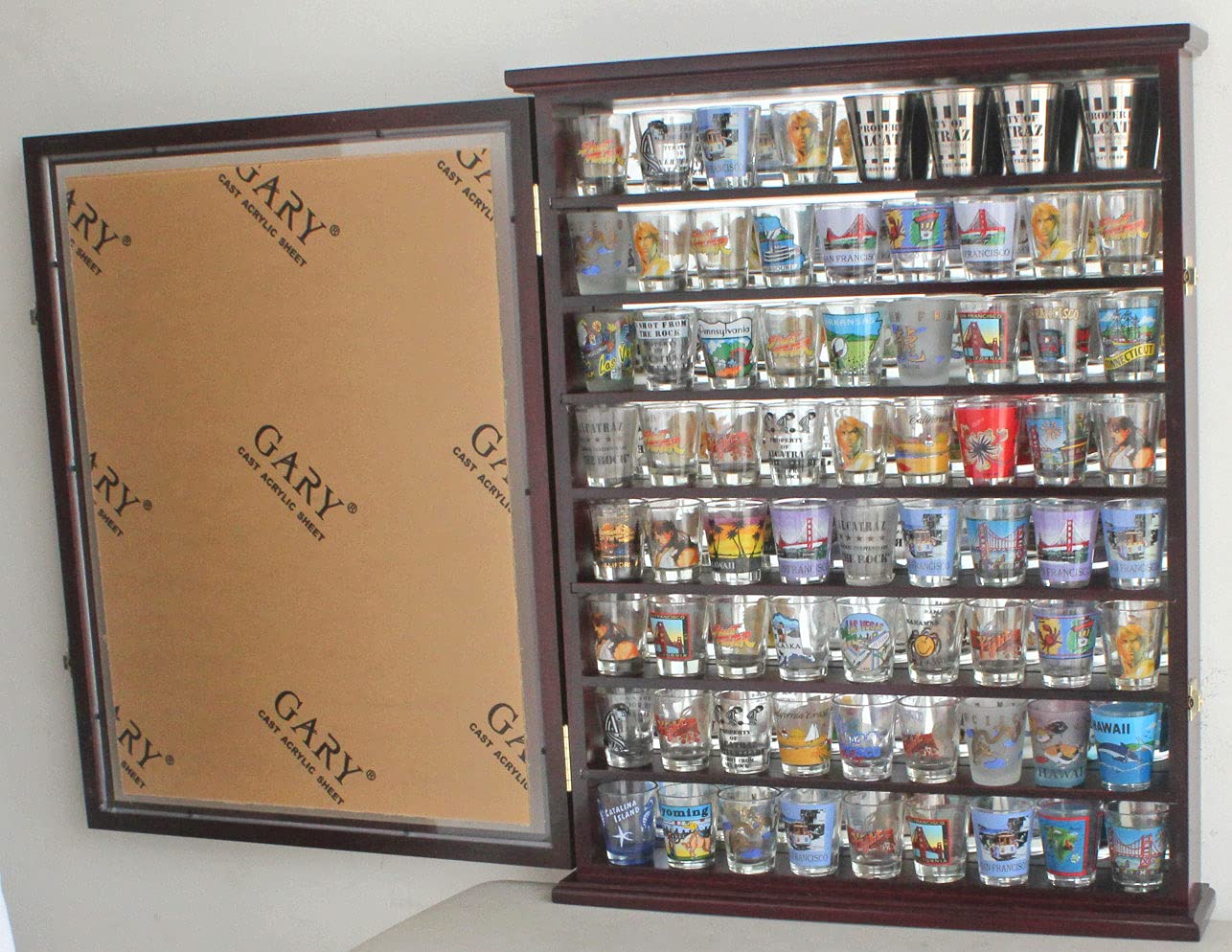 Shot Glass Display Case Wooden Wall Rack Holder Shadow Box Lockable