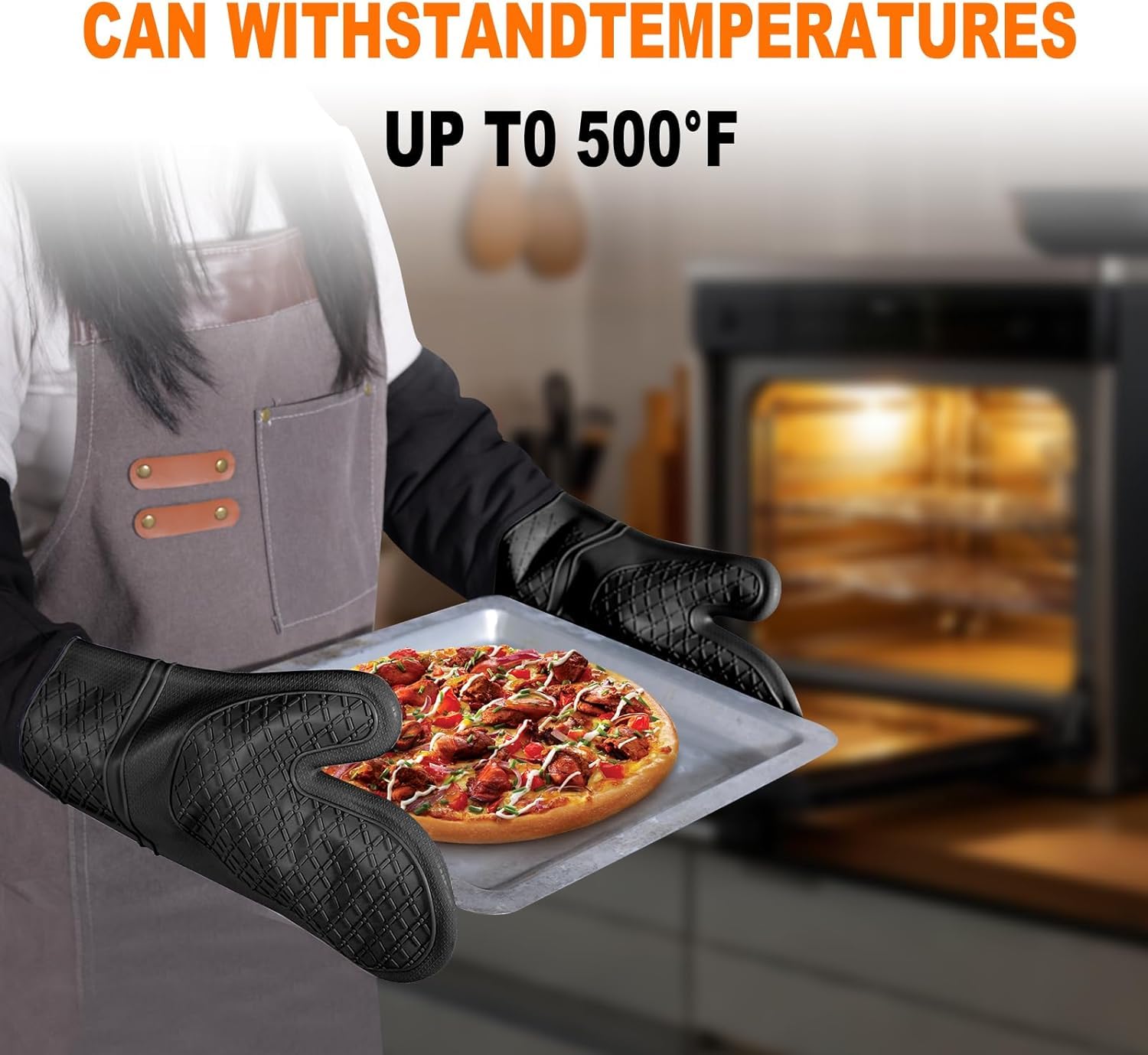 Guanti da forno professionali in silicone, 1 paio extra lunghi, resistenti al calore, da cucina, con fodera in cotone trapuntato