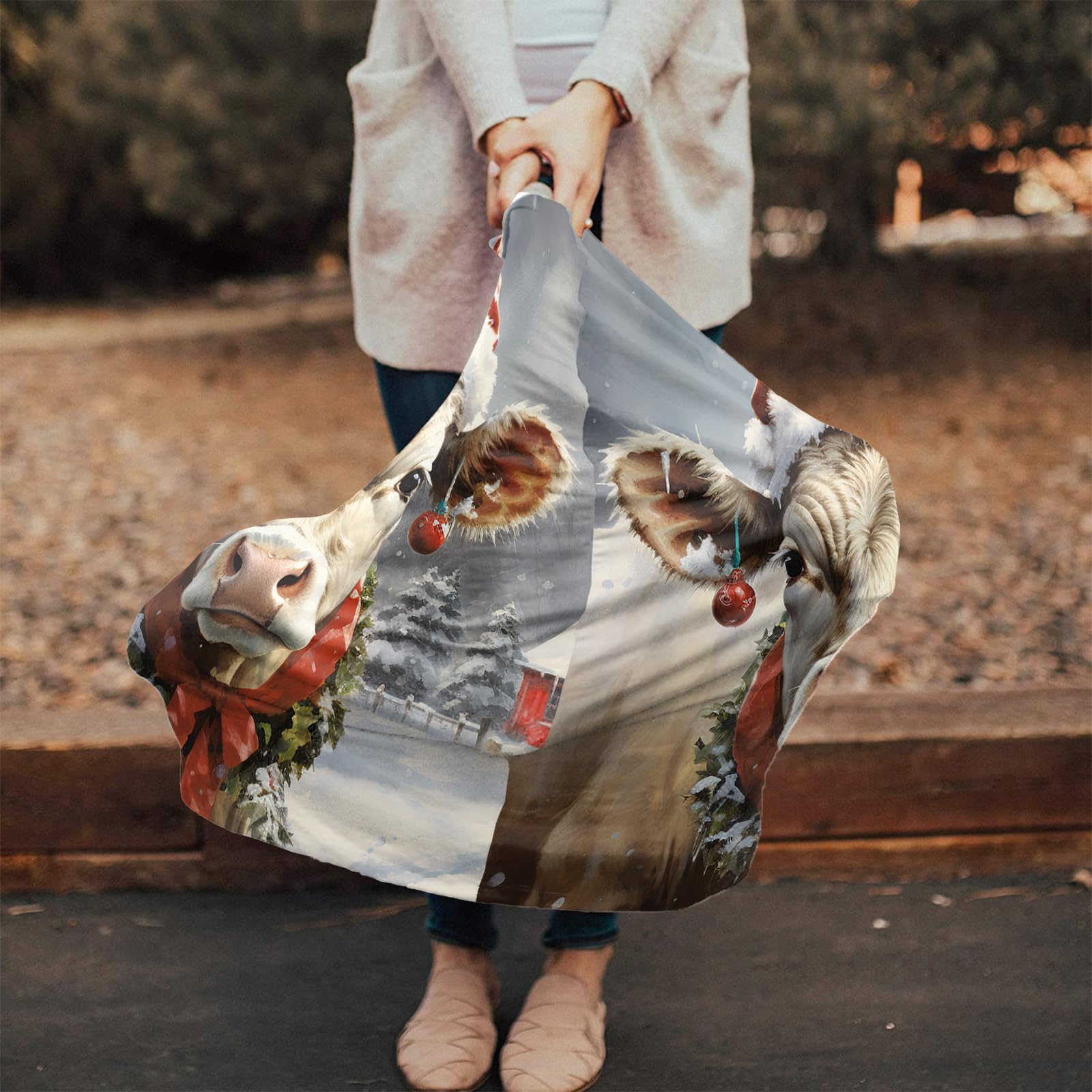 Nursing Cover for Breastfeeding Scarf, Merry Christmas Farmhouse Cow Xmas Hat Wreath Baby Car Covers Super Soft Multi Use for Canopy Shopping Cart Cover Blanket Stroller Cover