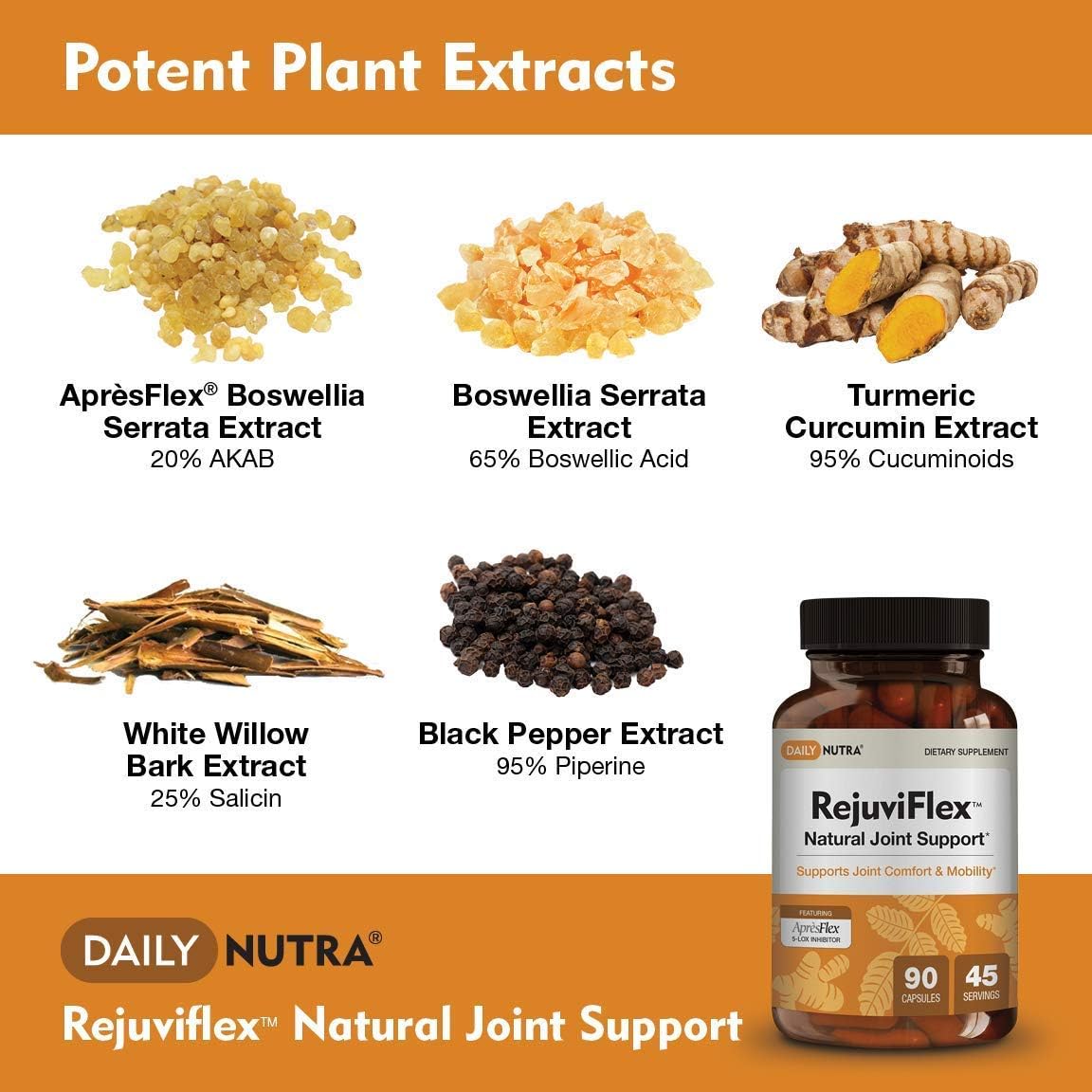 DailyNutra RejuviFlex - Natural Joint Supplement for Men and Women - Supports Hand, Elbow, Hip and Knee Relief | Featuring ApresFlex Boswellia, Turmeric Curcumin and White Willow Bark (90 Capsules)
