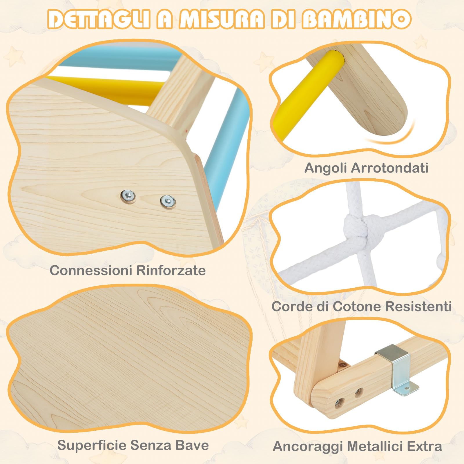 COSTWAY 6 in 1 Set Arrampicata per Bambini, Palestra in Legno con Barre di Scimmia Scivolo Corda e Scale in Legno, Parco Giochi per Bambini 1+ Anni (Colorato)