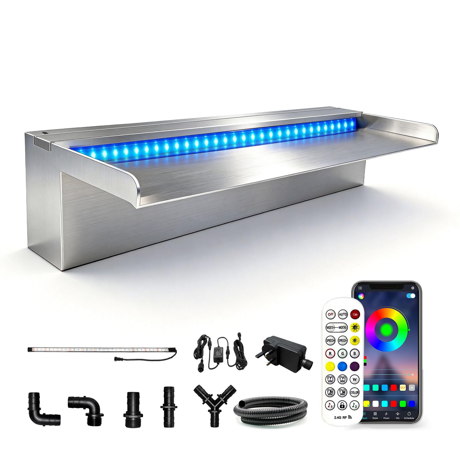 LONGRUN 60cm Pond Waterfall Blade, Stainless Steel with LED Light, Straight