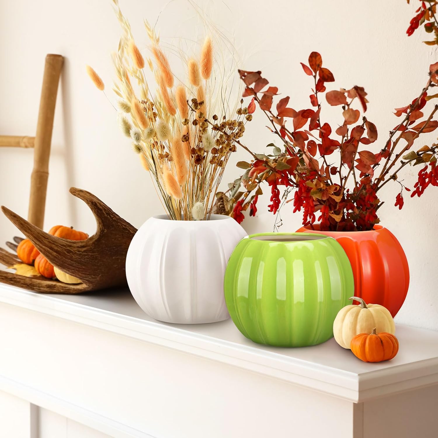 Sieral 3 Pcs Pumpkin Shape Ceramic Vase Fall Flower Vase 5.5 Inch White Orange Green Ceramic Pumpkin Flower Pot for Fall Thanksgiving Party Home Room Office Farmhouses Decoration