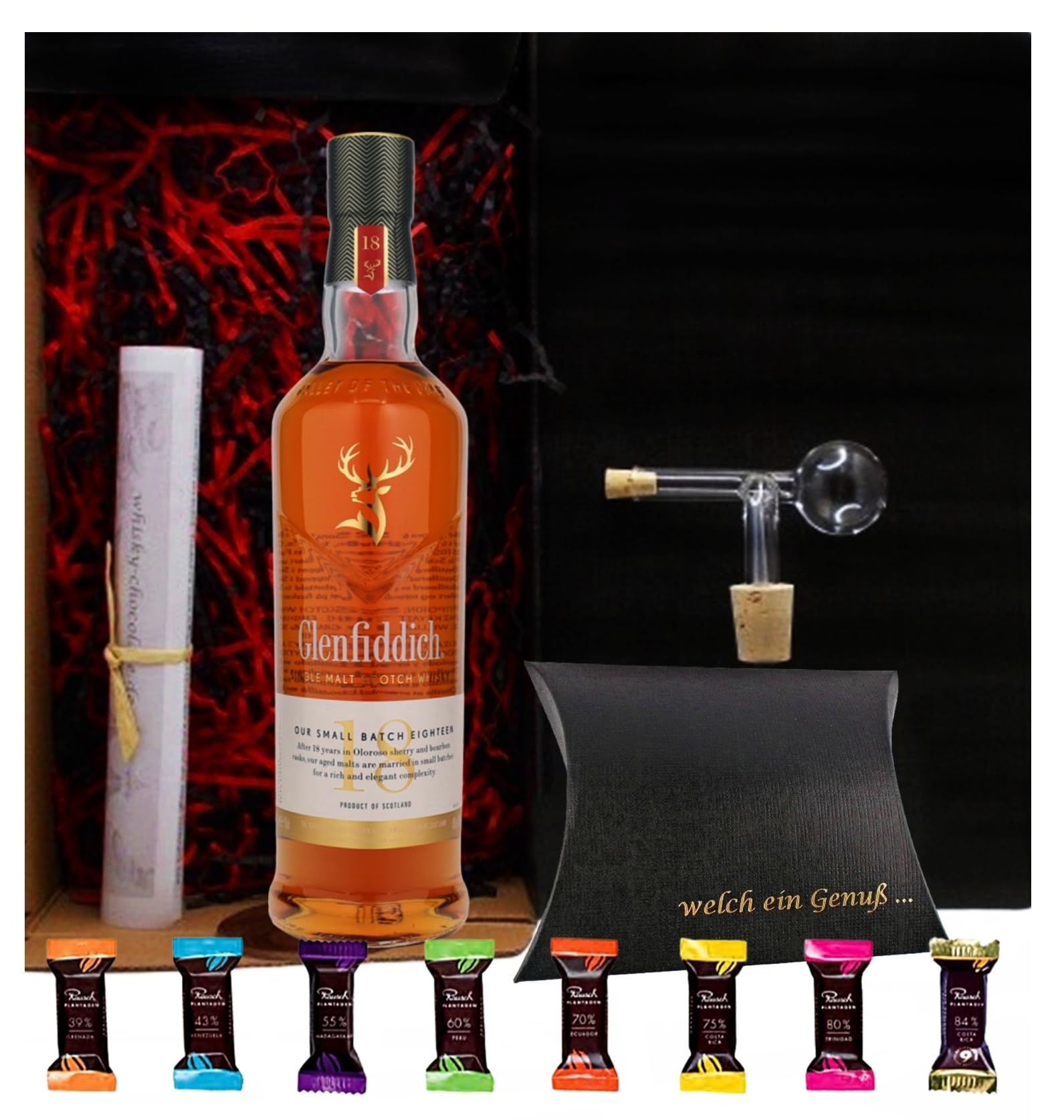 Glenfiddich 18 Jahre Single Malt Whisky + Glaskugelportionierer + 8 Edelschokoladen 8 Sorten im Geschenk Karton Männergeschenke Whisky mit Schokolade genießen Genießer Set