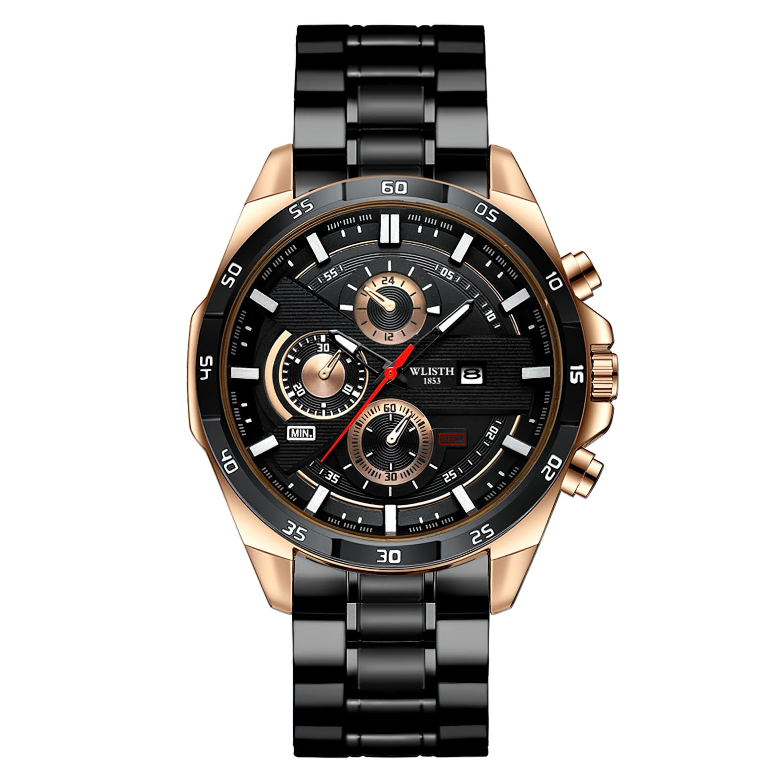 Wrist Watch for Men, Classic Analog Quartz Men's Watch with Calenda, Gent's Watch with Stainless Steel Strap, Black & Rose Gold