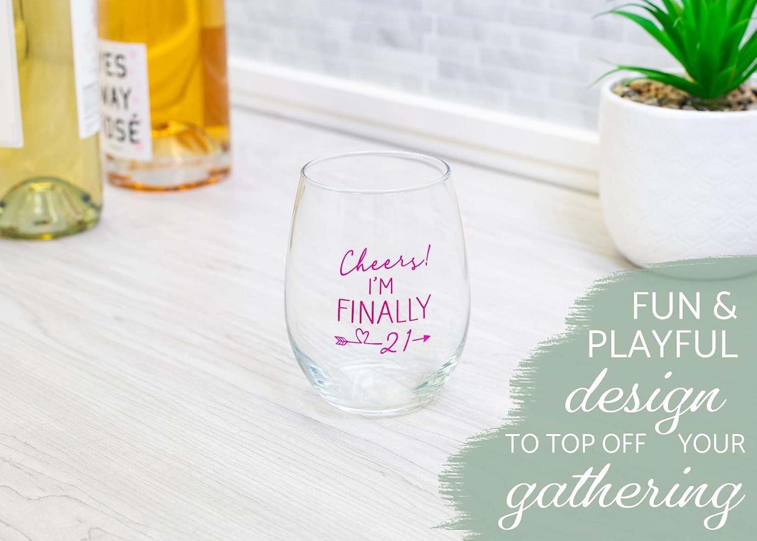 Elanze Designs Cheers Finally 21 Pink 14 ounce Glass Stemless Wine Glass