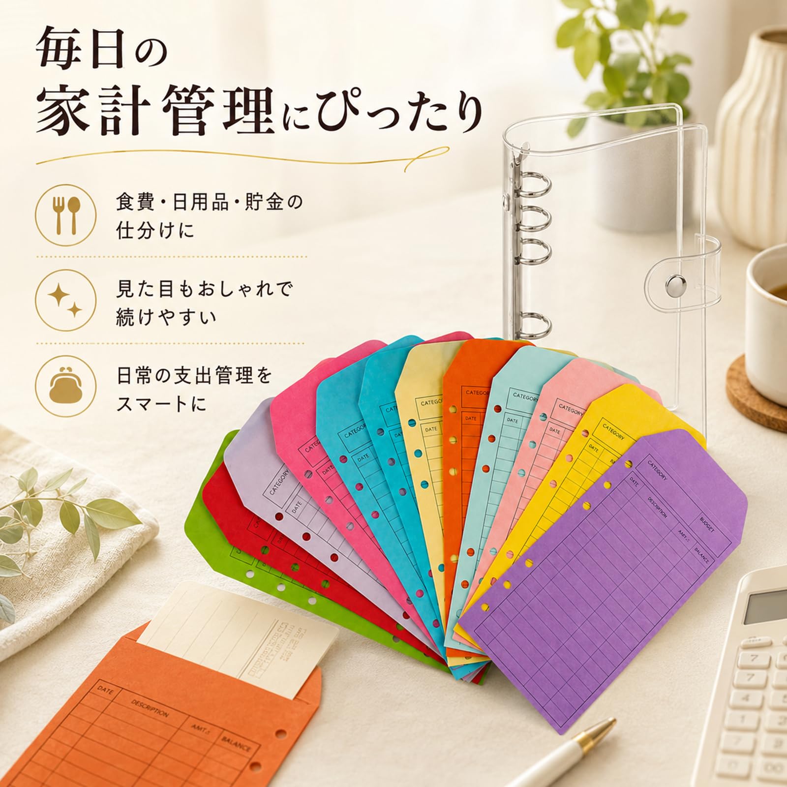 Amazon.co.jp: 封筒貯金 12色セット A6バインダー付き 6穴 貯金封筒