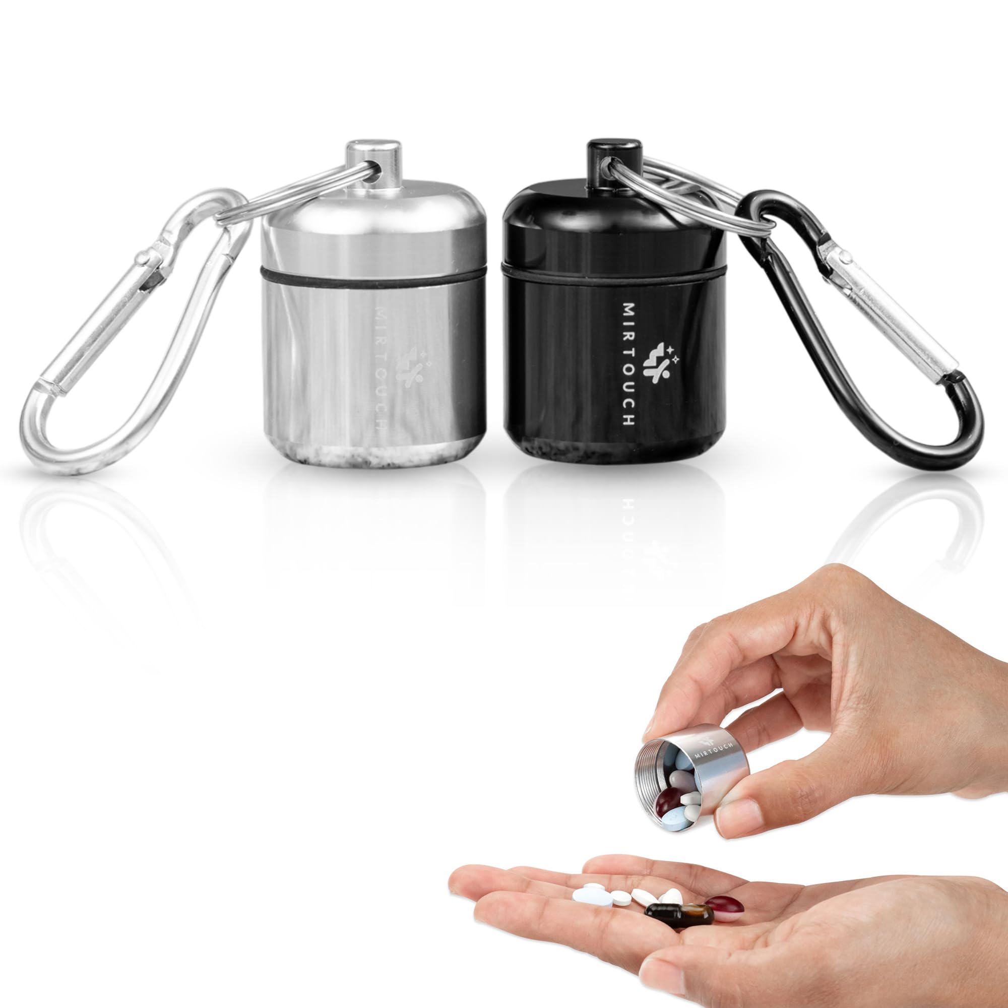 PillPort - Portable Keychain Pill Holder Case Discreet Waterproof Mini Pill Container Carrier with Strong Carabiners for Pocket Purse Travel Bags Aluminum Alloy Pill Fob Box for Medicine Jewelry 2pk