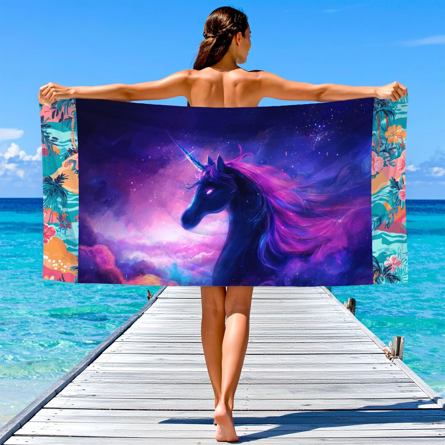 Drap de Plage Anti Sable Sechage Rapide 200 cm x 100 cm Rêveur Fantaisie Serviette de Plage Microfibre Élégant Mystérieux Espace Nébuleuse Animaux Licorne Absorbante Super Couverture de Plage