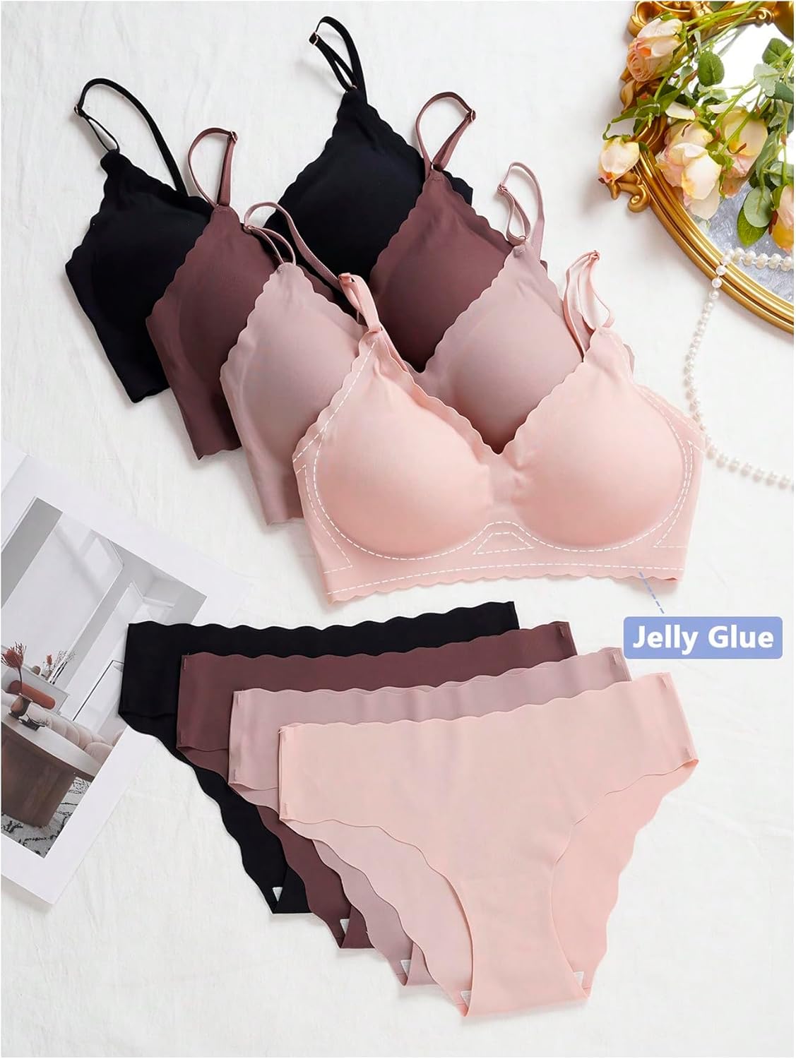 Women's 4 Sets Seamless Lingerie Set Scallop Trim V Neck Padded Bra and Panty - Image 3