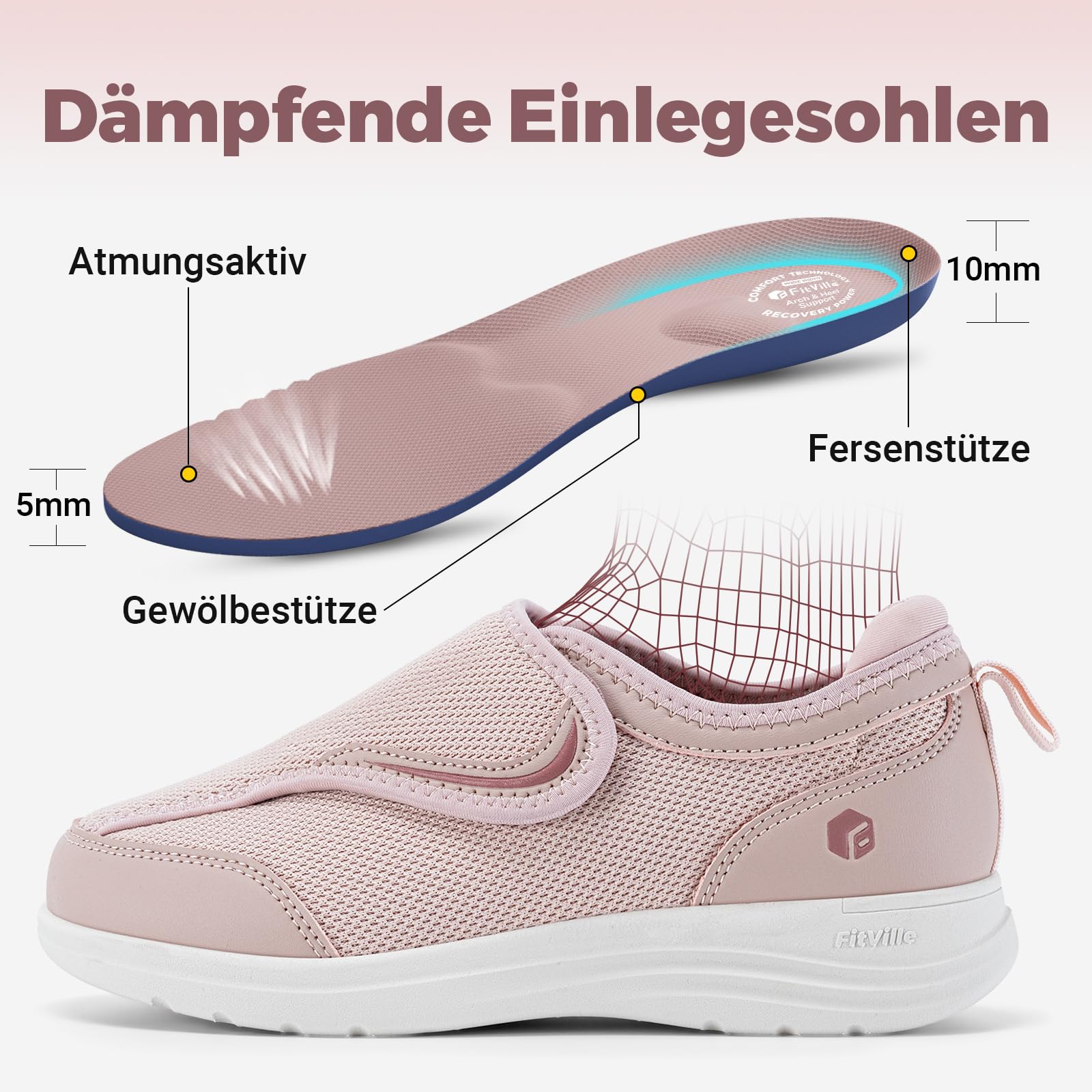 FitVille Extra Weit Senioren Hausschuhe Damen Gesundheitsschuhe mit Klettverschluss Bequeme Sneaker Verbandsschuhe mit Fußgewölbestütze Gr.35.5-42.5