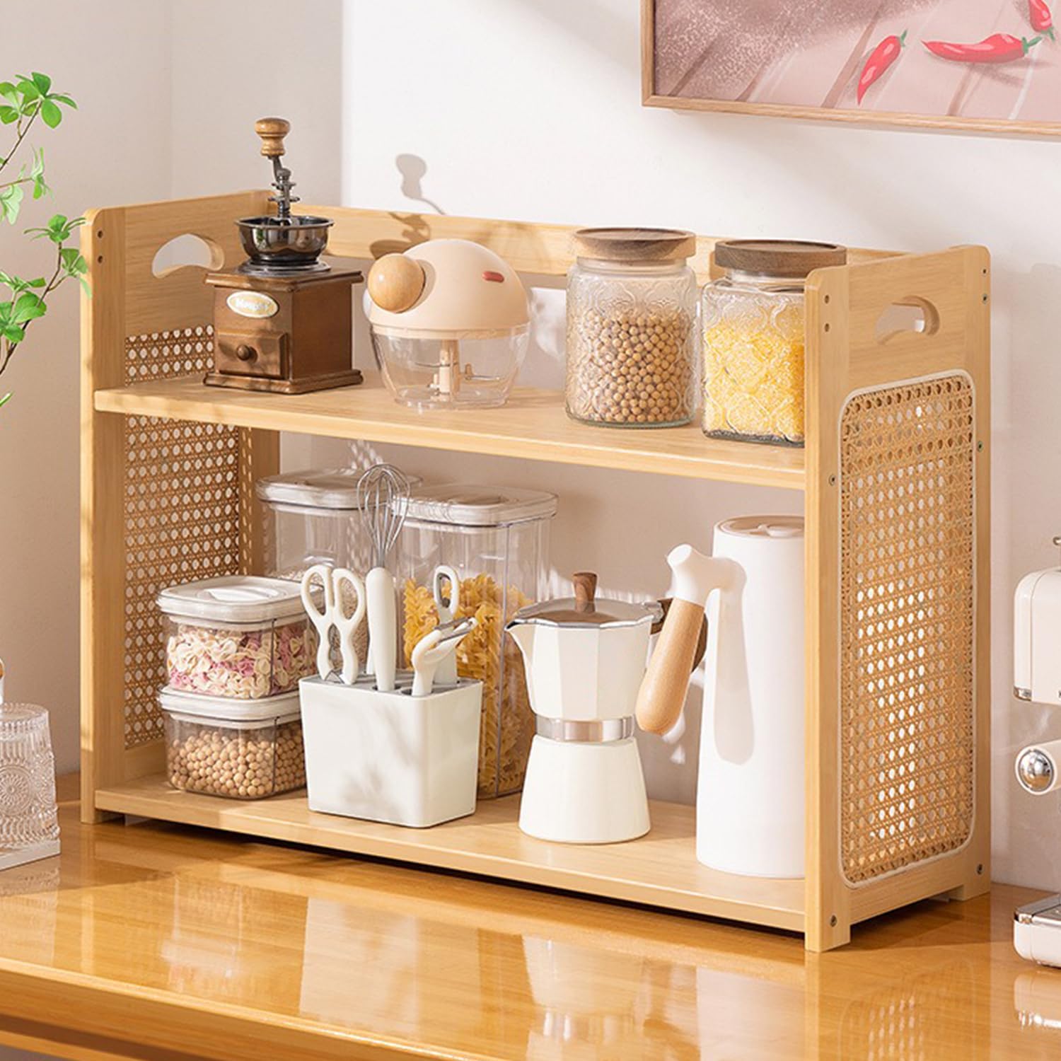 2 Etage Gewürzregal Stehend Geflechttechnik Gewürzständer Aus Holz Küchen Arbeitsplattenregal Spice Rack Kaffeeregal Für Küche Aufbewahrungsregal Für Kosmetika,Pine,70 * 24 * 48cm