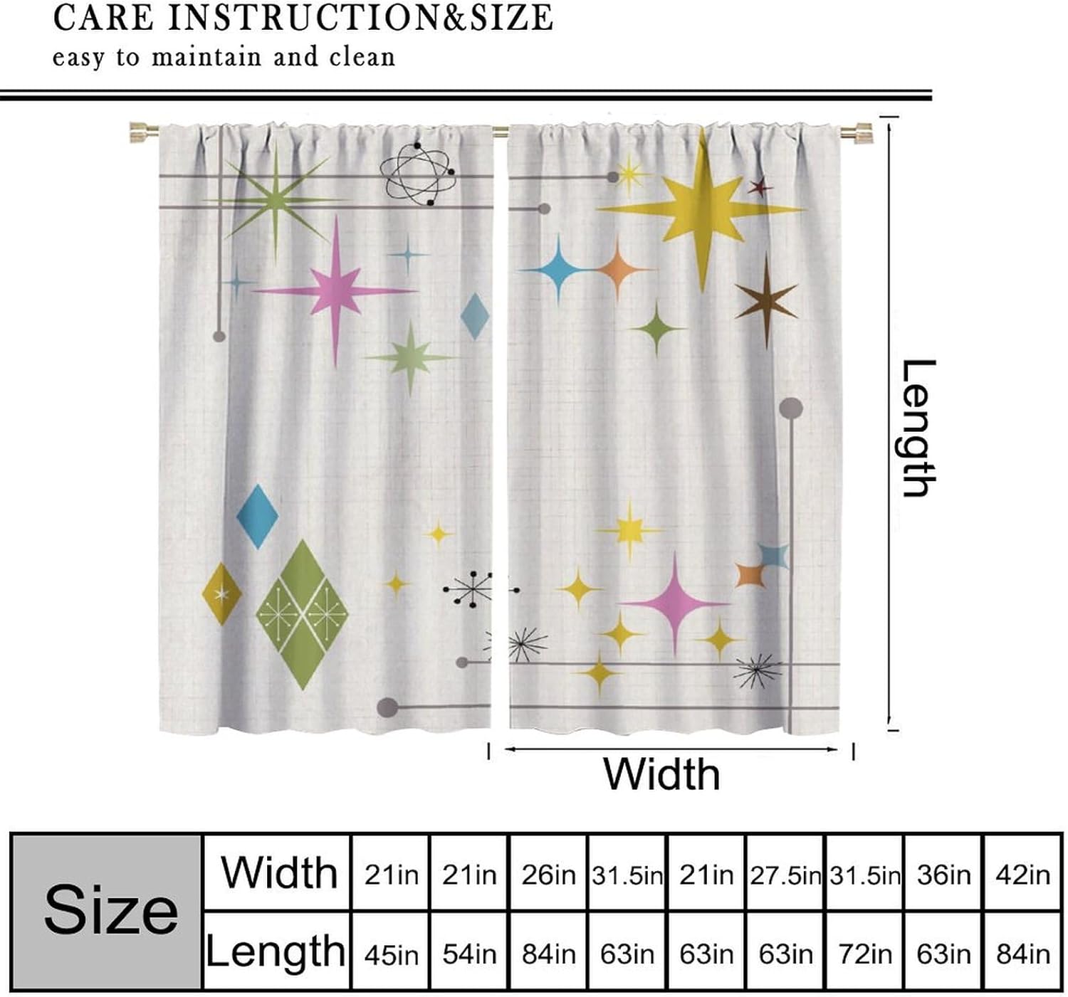 Abstract Geometric Curtain Bathroom Mid Century Minimalist Stars Modern Shapes Vintage Retro Aesthetics Colorful Window Treatments for Bedroom Living Room Art Home Drapes 42x45 Inch