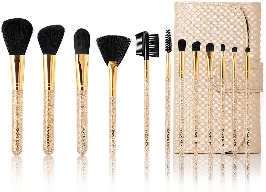 Sparkly Gold Glitter Makeup Brush Set by ENZO KEN, Bedazzled Bling Cute Crystal Brushes Sets with Roll Up Bag - Face Nose Contour, Eyebrows Eyelashes Eye Shadow, Bronzer Highlighter Foundation Brush