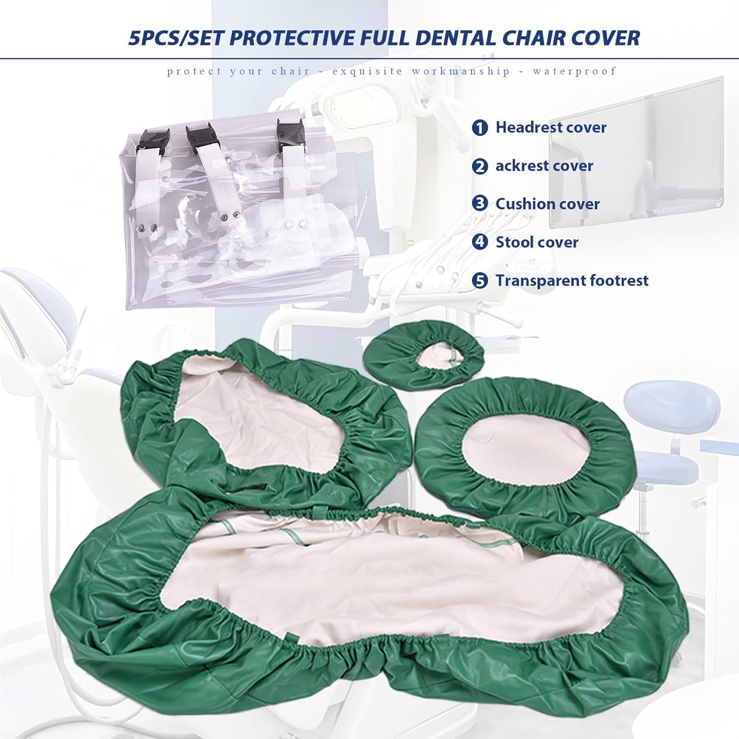 5Pcs Set Dental Chair Covers Thickened PU Leather Non Slip Elastic Waterproof Protective Full Dental Chair Cover with Dental Chair Foot Seat Cover(Color:E,Size:L)