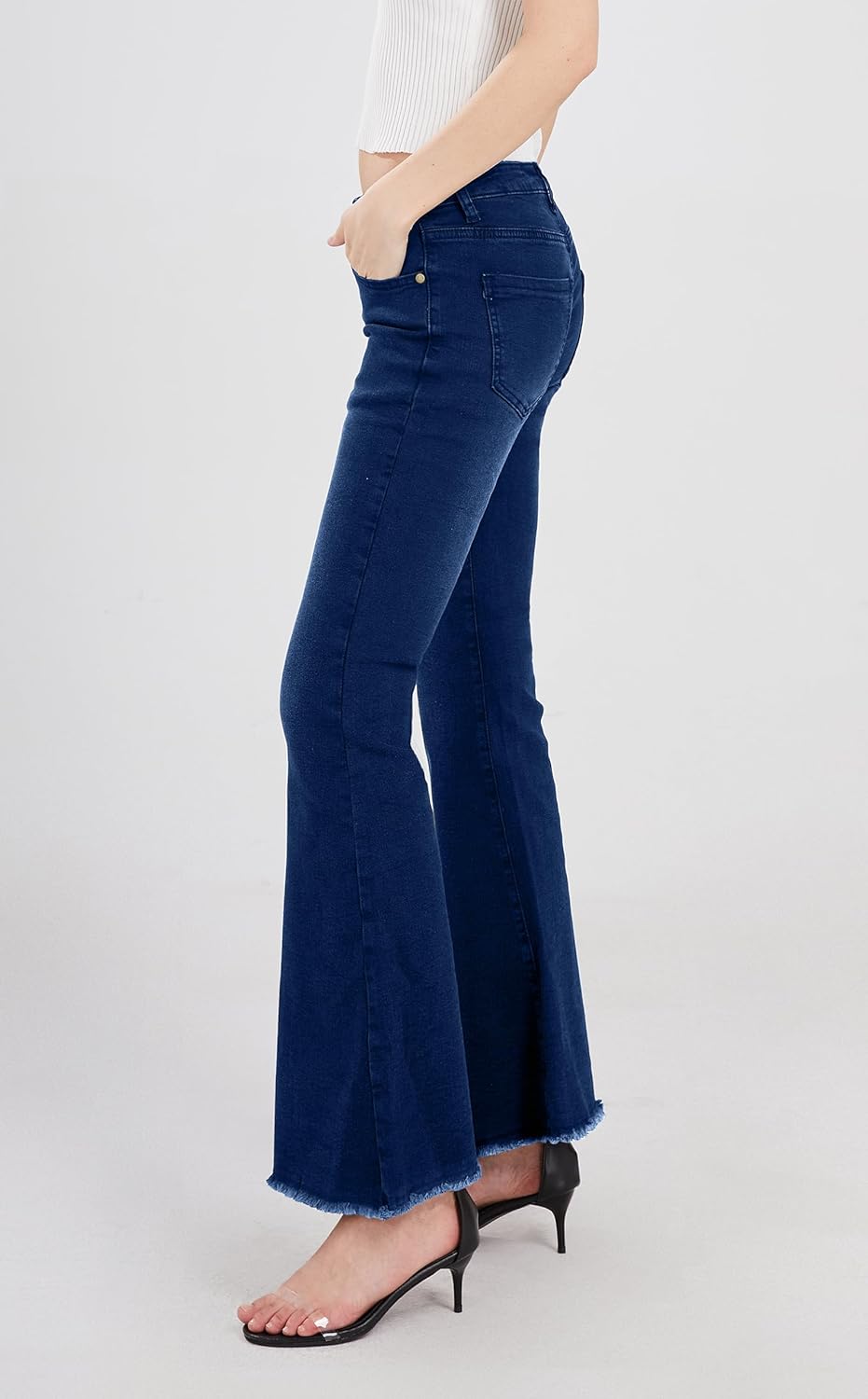 CHARTOU Women's Asymmetric Tassel Flared Slit Ripped Jeans Denim Pants