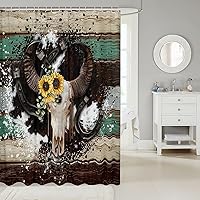 Vista 2 de Cortina de ducha de calavera de toro, cortina de baño rústica retro con estampado de piel de vaca occidental, diseño de herradura, girasoles