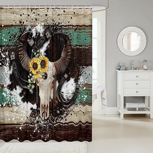 Miniatura 2 de Cortina de ducha de tela de calavera de toro, cortina de ducha de piel de vaca retro rústica con estampado de animales salvajes occidentales para