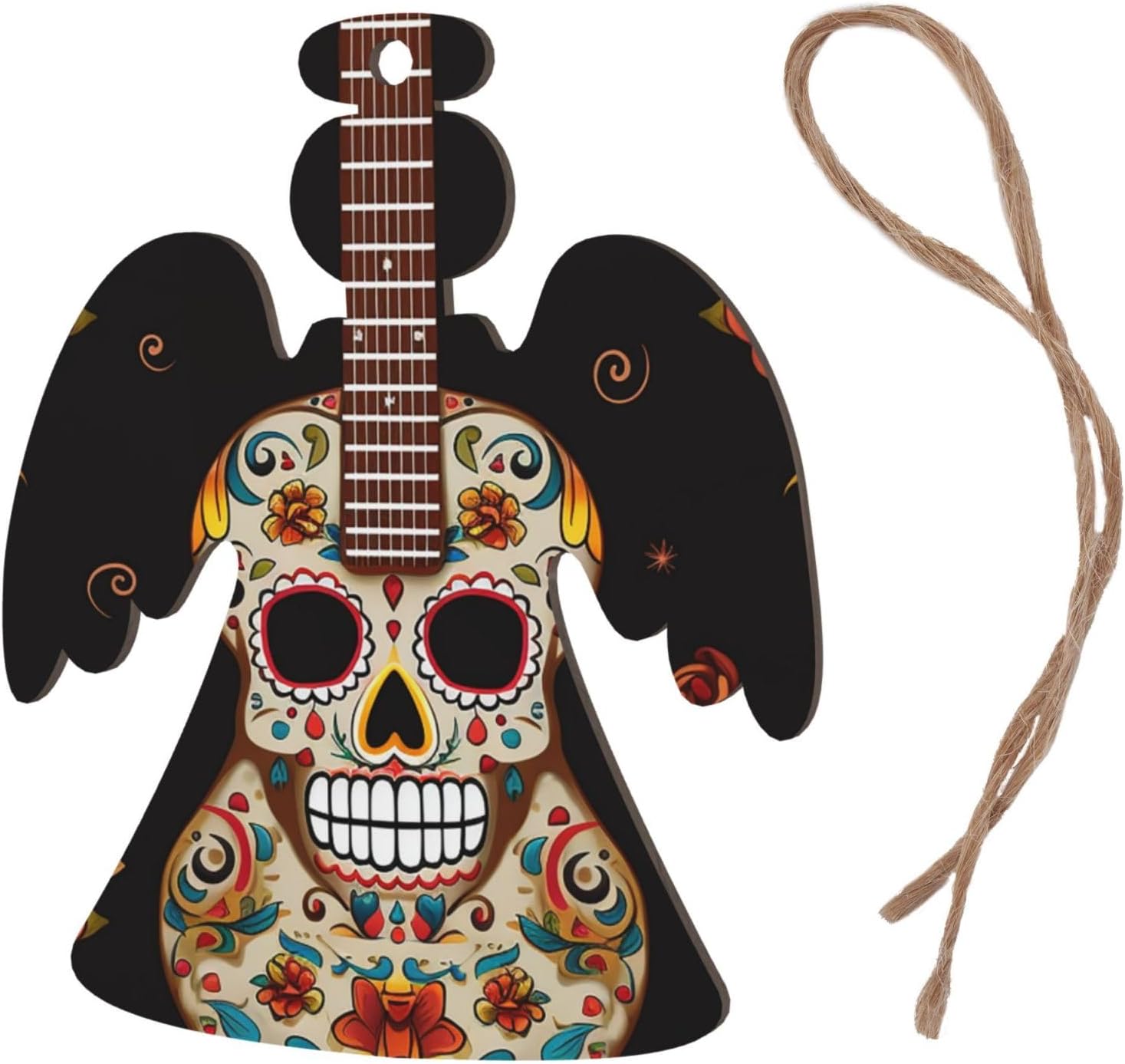 Wooden Angel Shape Christmas Ornaments 6 PCS Vintage Christmas Tree Ornaments Guitar Pepper Sugar Skull Xmas Decorations for Tree Hanging Crafts for Holiday Xmas Party Supplies image 3